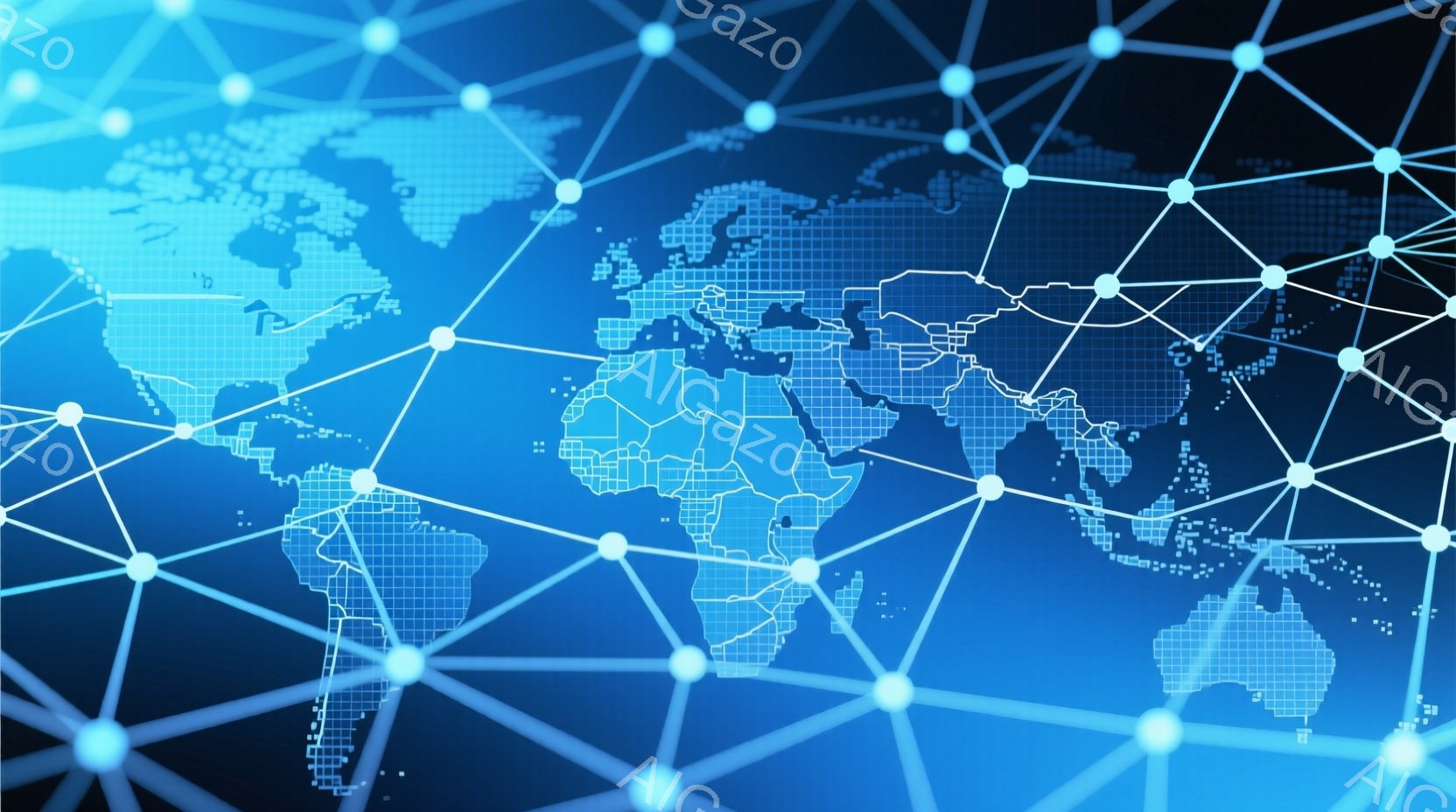 この画像は、青色の背景に世界地図が描かれており、各大陸は細かく区切られたポリゴンで表現されています。白く輝く線が大陸間を結び、まるでグローバルネットワークを象徴しているかのようです。全体的に未来的な印象で、情報化社会やグローバル化を連想させます。