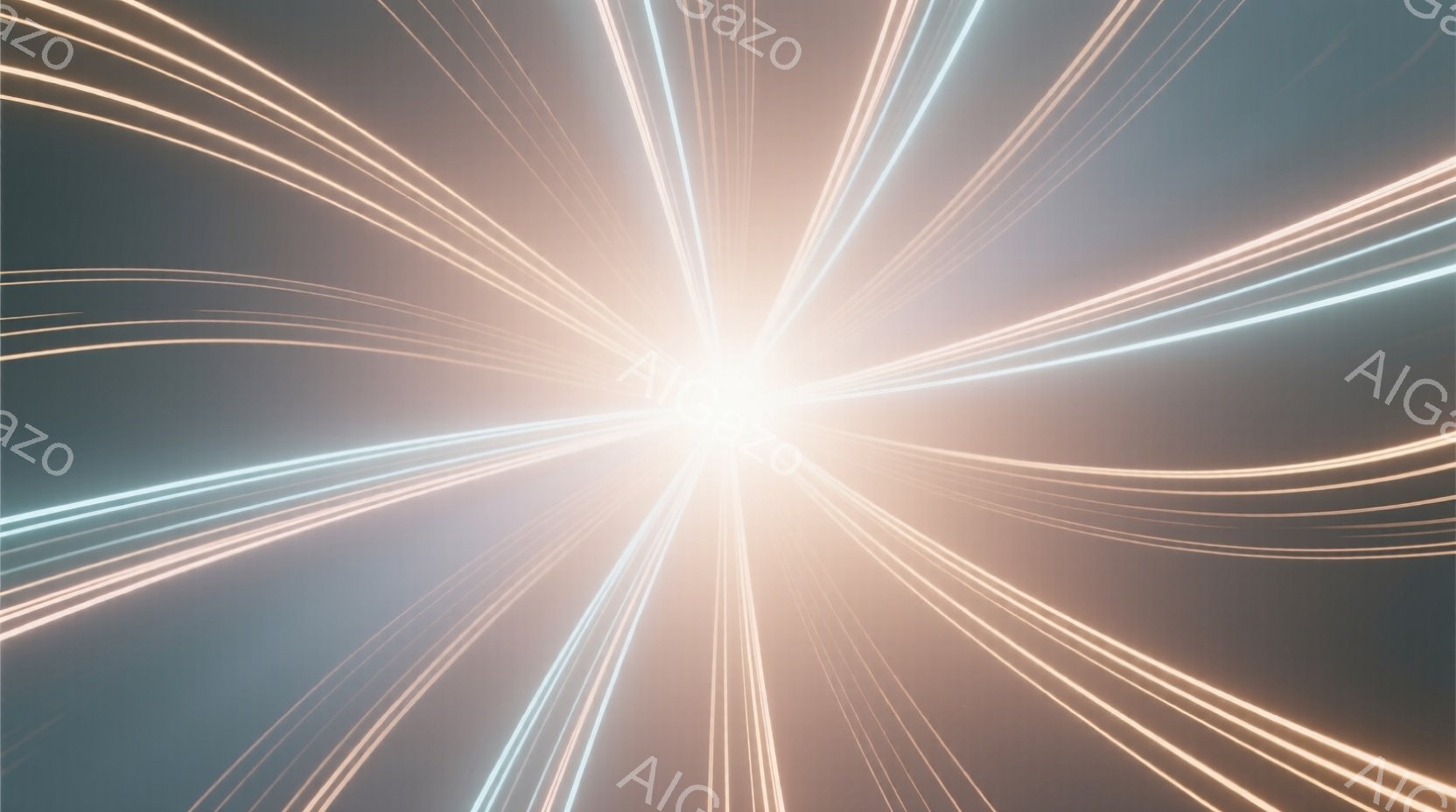 漆黒の背景から、明るい光が放射状に広がる様子が描かれています。光線は白、オレンジ、水色のグラデーションで構成され、まるでエネルギーが爆発するように、ダイナミックで未来的な印象を与えます。中心部は特に明 - AI生成フリー素材