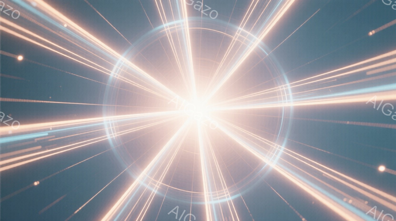 鮮やかな光線が中心から放射状に広がる抽象的な画像です。青みがかった暗い背景に、白とオレンジ色の光線が速度感を持って描かれ、未来的なエネルギーや爆発を連想させます。光線は、まるで空間を切り裂くように、遠 - AI生成フリー素材