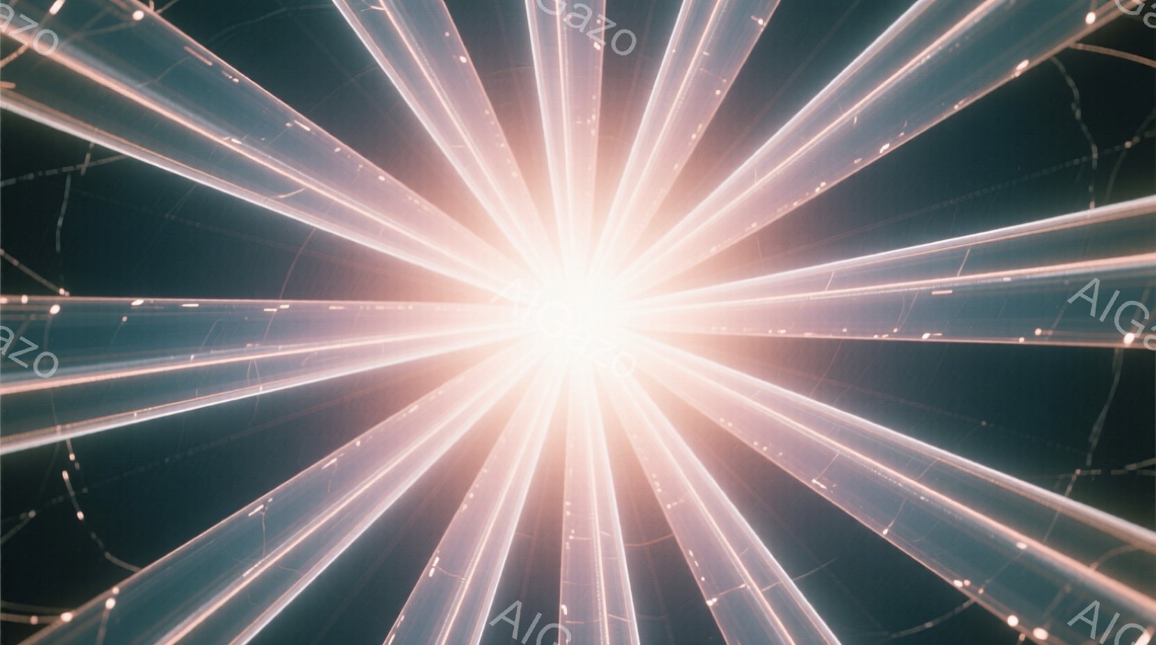 画面中央から強烈な光が放射状に広がっており、まるで爆発やエネルギー放出の瞬間を捉えたかのような印象を与える。光線は鋭く、未来的な印象を与え、背景は暗く深いため、光のコントラストが際立っている。全体とし - AI生成フリー素材