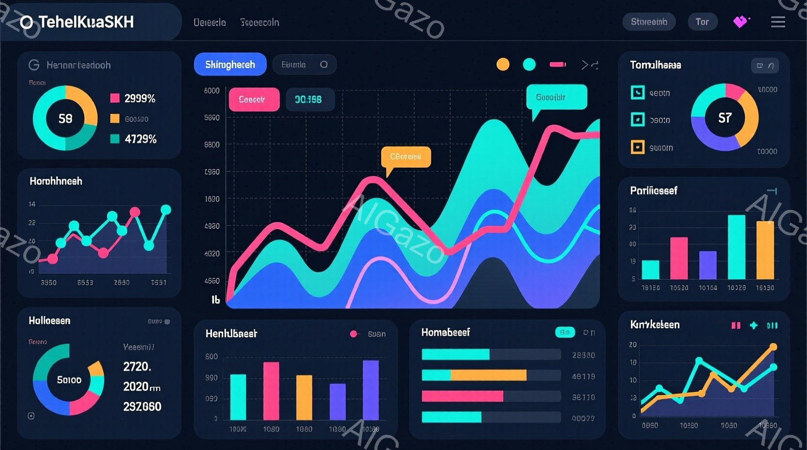 この画像は、多様なグラフと数値データが密集して表示されたデジタルインターフェースのスクリーンショットです。円グラフ、折れ線グラフ、棒グラフが組み合わされ、それぞれに数値やラベルが付いています。全体的にクールで、データ分析や監視に関連するインターフェースとして機能しているようです。