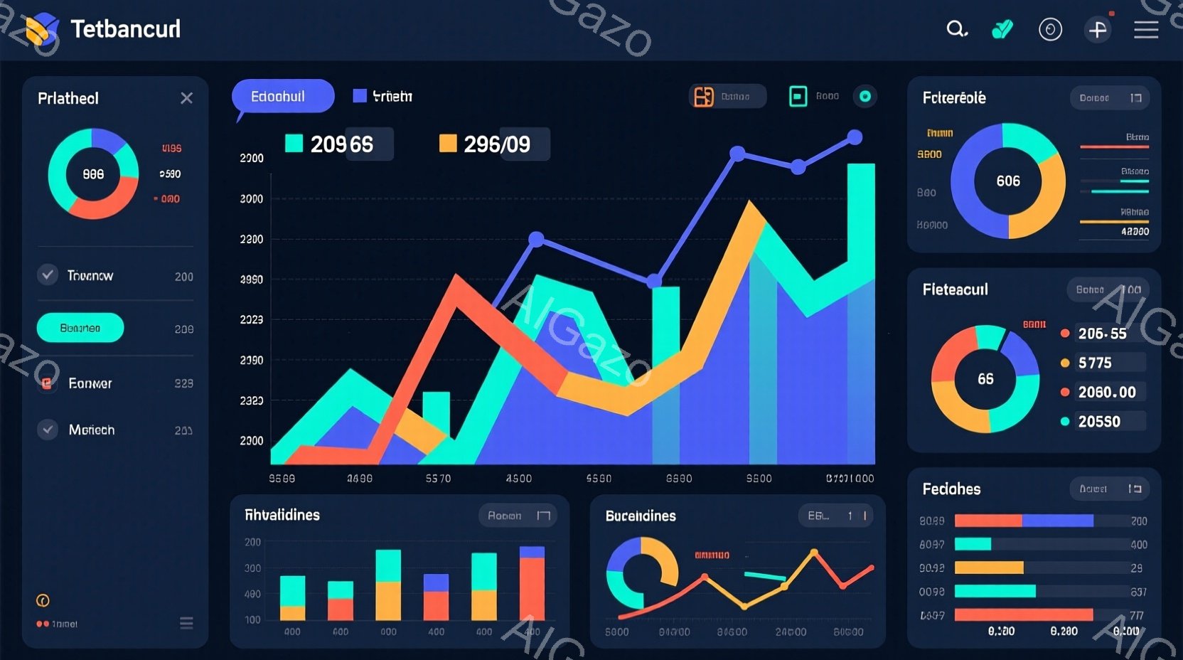 この画像は、様々な色の線グラフと棒グラフが配置されたデータ視覚化の図です。グラフは時間経過に伴う数値の変化を示しており、色はそれぞれ異なるデータ系列を表しています。全体的に、データ分析やビジネスレポートで使用されるような、情報に基づいた視覚的な表現です。
