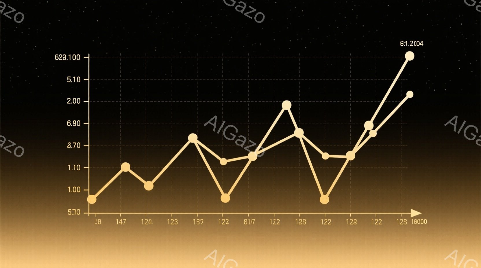 この画像は、線グラフを示しており、横軸には数値が186から19000まで、縦軸には数値が5.10から6.10まで表示されています。グラフは茶色い線で構成され、数値が変動し、最終的には急激に上昇しています。背景は暗い茶色で、全体的にデータ分析や傾向を示すイメージを与えます。