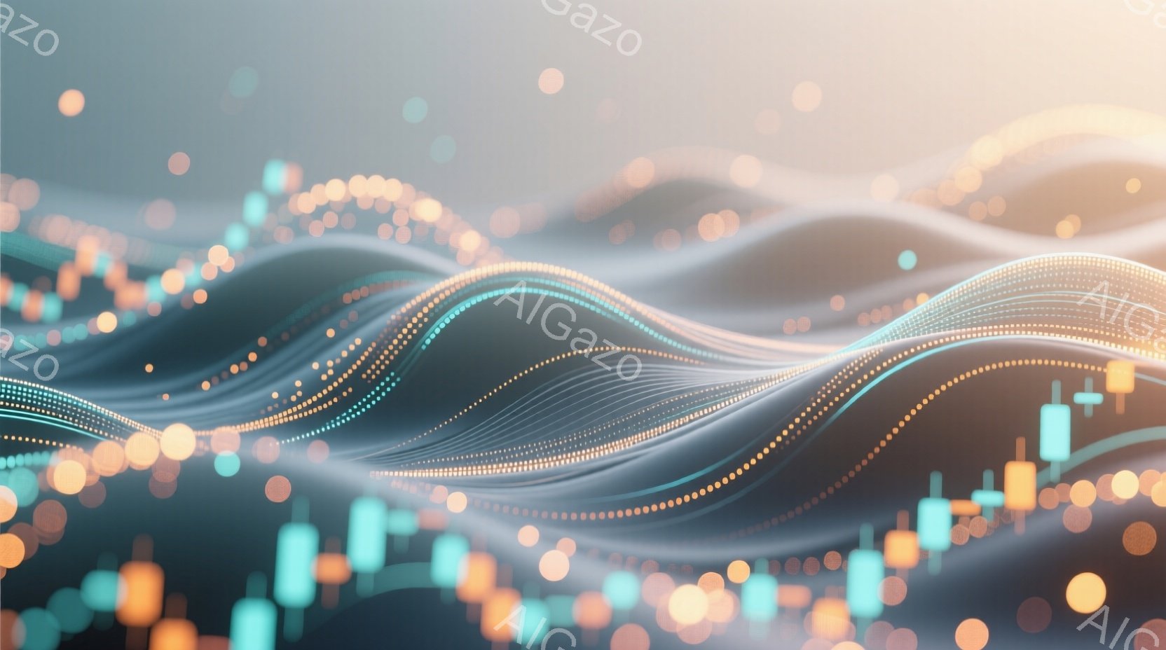 抽象的な光の波が、暗い背景の中で流れるように表現されています。ターコイズブルーとオレンジ色の光点が散りばめられ、まるでデジタルな都市の夜景を思わせる幻想的な光景が広がっています。波の形状は、データストリームやエネルギーの流れを連想させ、未来的な雰囲気を作り出しています。