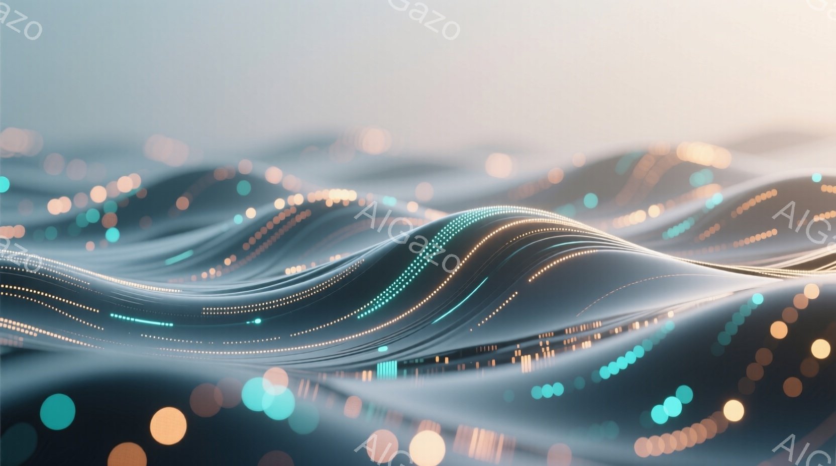 この画像は、青とオレンジの光の粒子が流れ、曲線的な波のような形を形成しています。光の粒子はまるでデジタルな流れのように見え、背景はぼやけており、未来的な抽象的な景観を連想させます。全体的に、エネルギッ - AI生成フリー素材