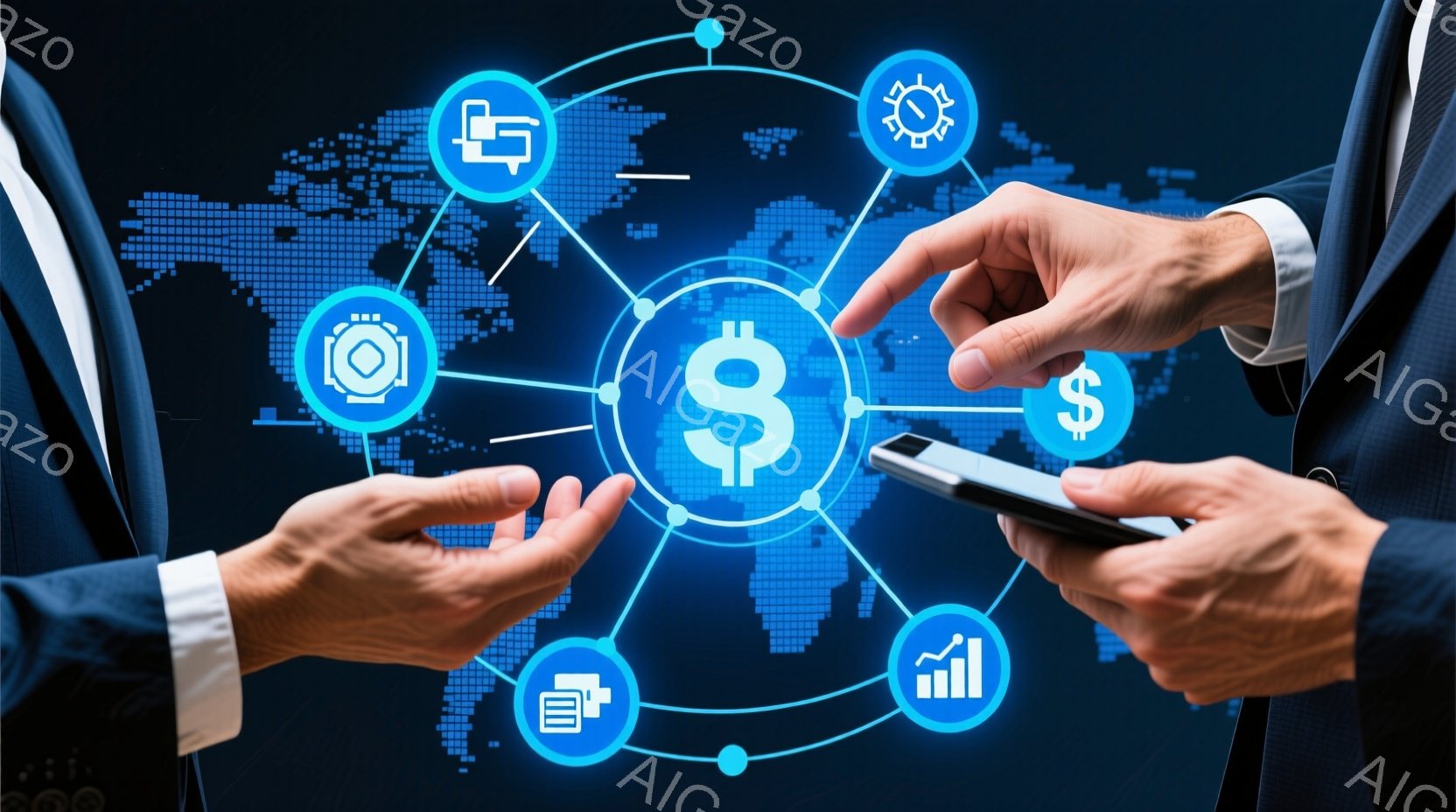 深い青色の背景に、世界の地図がデジタルな光で描かれており、その中心にドル記号が浮かび上がっています。二人の男性がフォーマルな服装で、手のひらを前に出して何かを受け渡すかのような仕草をしており、片方の手にはスマートフォンが持たれています。全体的に、金融やグローバル経済、テクノロジーを連想させる、近未来的で洗練された雰囲気です。