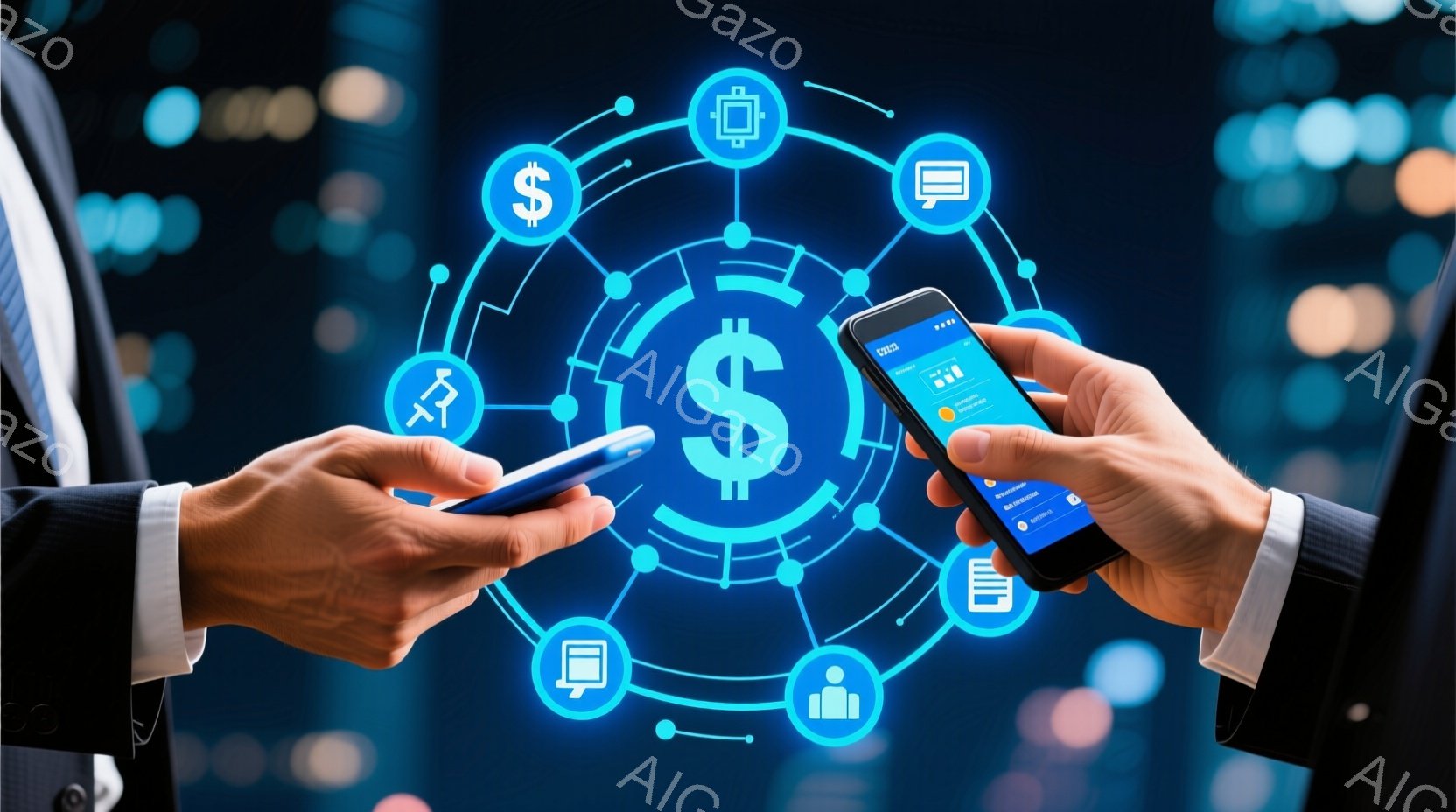 この画像は、ビジネススーツを着た二人の人物がスマートフォンを互いに向けて持っている様子が写っています。スマートフォンの画面には様々なアイコンが表示されており、中心にはドル記号が輝いています。背景は夜景のようなぼやけた光で、全体的に未来的な金融技術を連想させる雰囲気が漂っています。