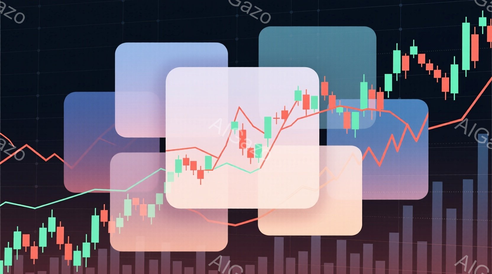 この画像は、金融市場のチャートとグラフが描かれた背景に、半透明の長方形が重ねられたものです。緑と赤のローソク足チャートと、オレンジ色のラインチャートが複雑に絡み合い、投資や経済状況を表しているように見 - AI生成フリー素材