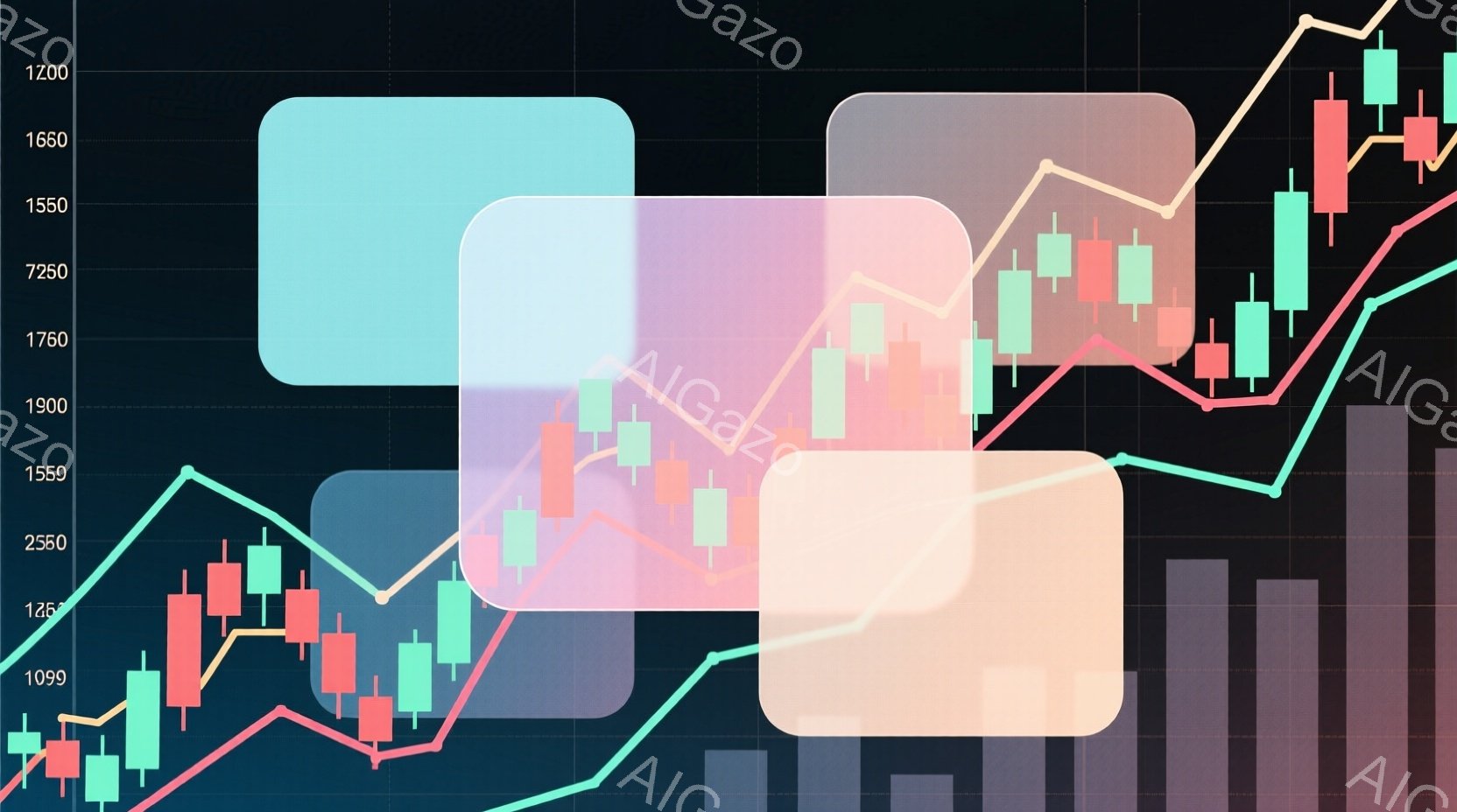 この画像は金融チャートで、緑と赤のローソク足のパターンが示されており、市場の価格変動を表しています。チャートの背景には、半透明の白い長方形が重ねられており、特定の期間やトレンドを強調しているようです。全体的に、上昇傾向を示す緑色の線と、それと交差する赤い線が描かれており、市場分析のための視覚的な表現となっています。