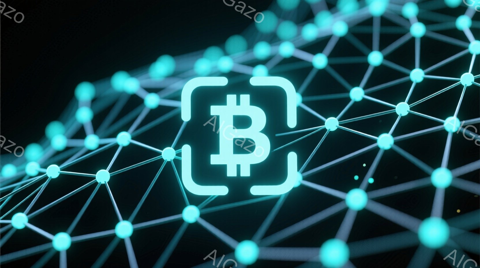 暗い背景に、明るい水色の線で構成されたネットワークが広がっており、その中央にビットコインのロゴが浮かび上がっています。ロゴはネットワークのノードと接続されているように見え、まるで暗号通貨がデジタル世界を繋いでいるかのような印象を与えます。全体的に未来的な雰囲気で、ブロックチェーン技術やデジタル金融を想起させるビジュアルです。