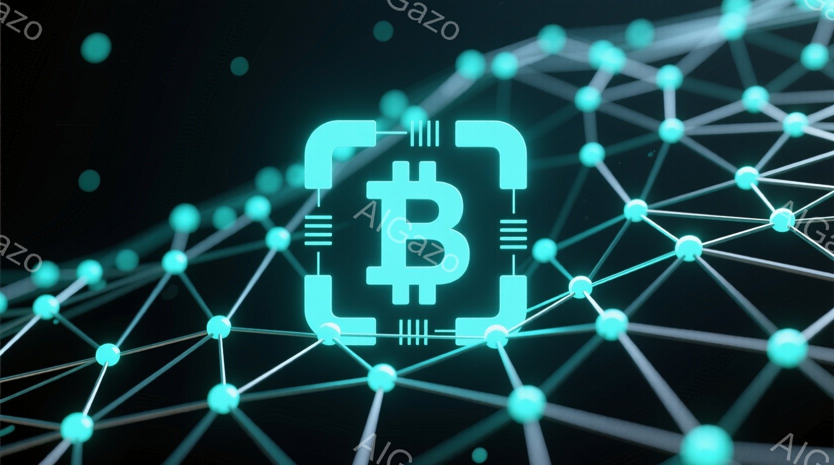 暗い背景に、明るい青色の線で構成されたネットワークが広がっています。ネットワークの中心には、ビットコインの記号が強調されており、それが光り輝いています。全体的に、テクノロジー、金融、そして接続性を暗示する、未来的で洗練された雰囲気です。