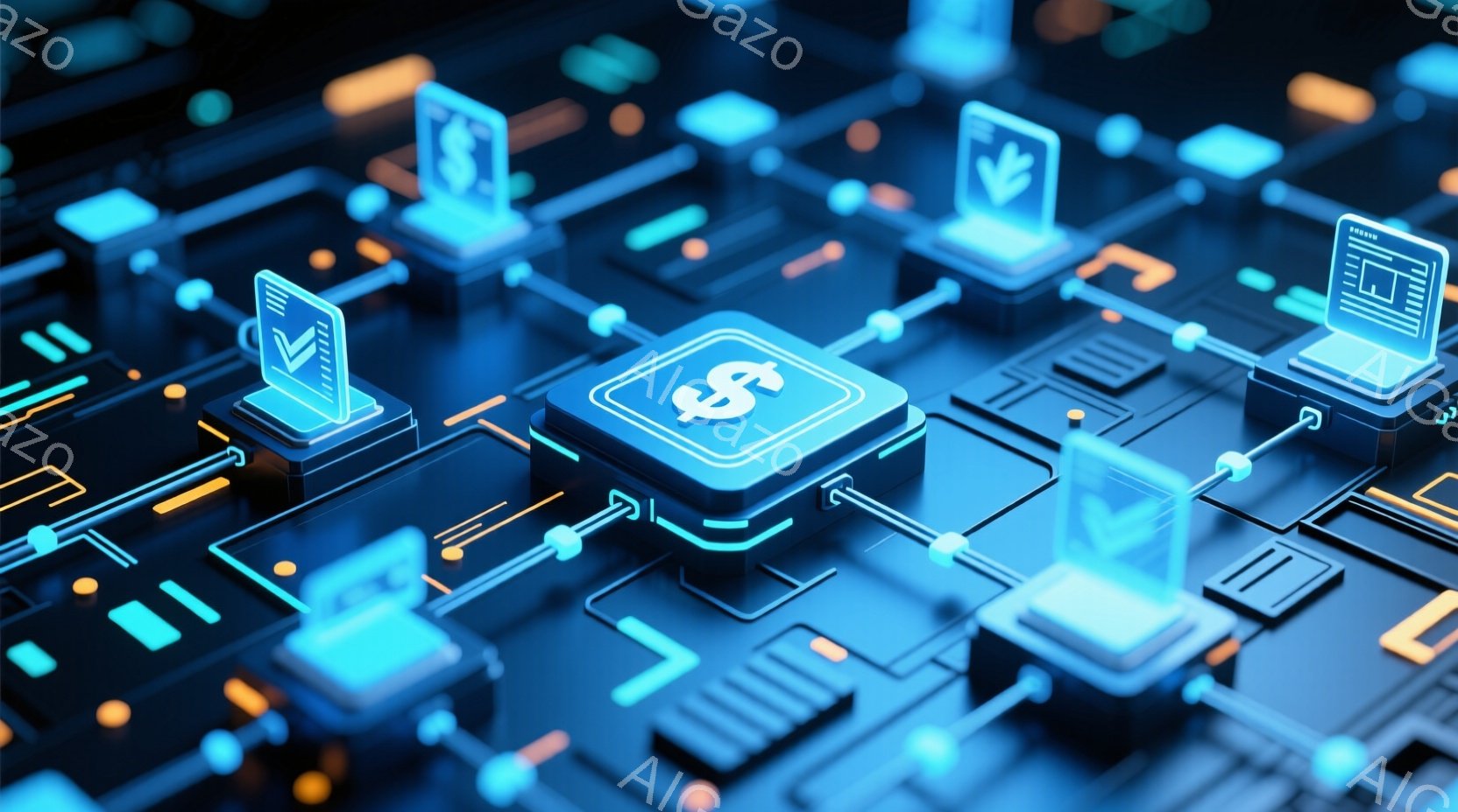 この画像は、ネオンブルーとオレンジの色調で描かれた、未来的な回路基板のような構造を捉えています。中央にはドル記号が刻まれた立方体が配置され、そこから様々なデバイス（スマートフォンやタブレットのような形 - AI生成フリー素材