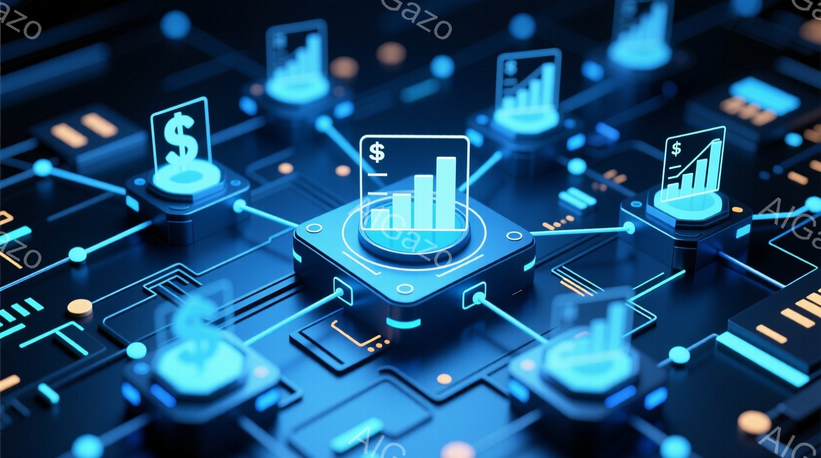 この画像は、青を基調とした未来的な回路基板の描写です。各接続点には、棒グラフとドル記号を表示するホログラフィックなディスプレイが配置されており、金融やデータ分析を連想させます。全体的に、高度なテクノロジーと経済活動のつながりを表現した、クールで洗練された雰囲気です。