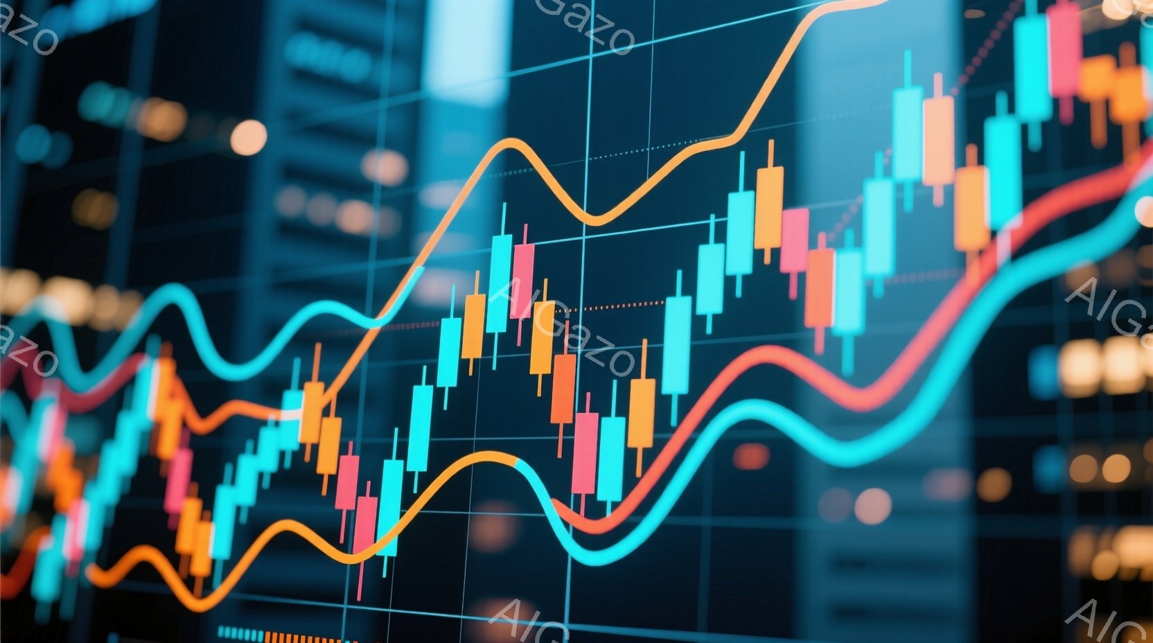 この画像は、金融市場のチャートを表しており、キャンドルスティックチャートと複数の折れ線グラフが重ねられています。背景にはぼやけた都市の夜景が広がり、高層ビル群がわずかに見えます。全体的に、経済や投資に - AI生成フリー素材