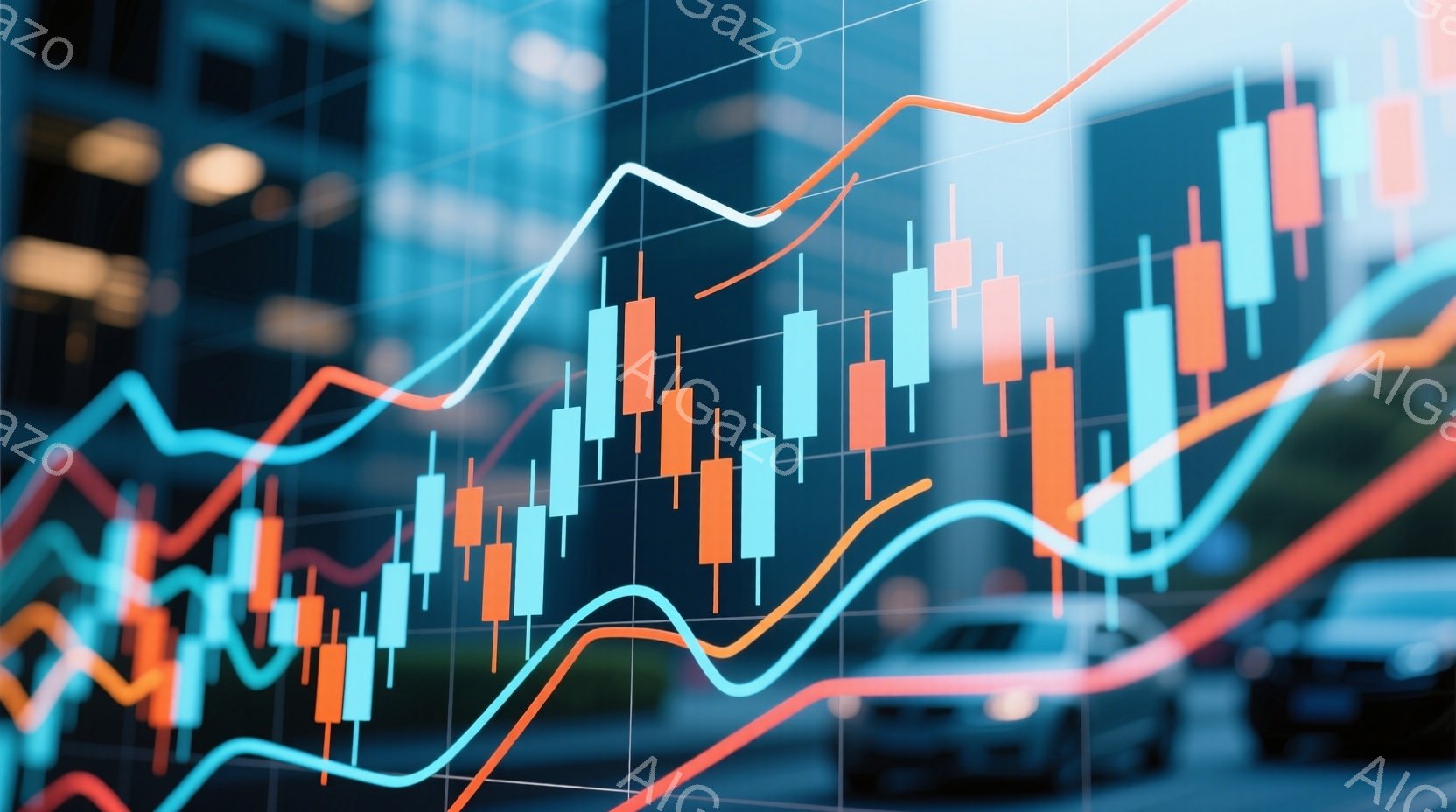 鮮やかなオレンジ、青、白のラインチャートとキャンドルスティックチャートが、ぼやけた都市の風景を背景に大きく表示されています。チャートは上昇傾向を示しており、金融市場や投資の状況を示唆しています。背景は高層ビルがぼやけており、現代的でビジネスライクな雰囲気を醸し出しています。
