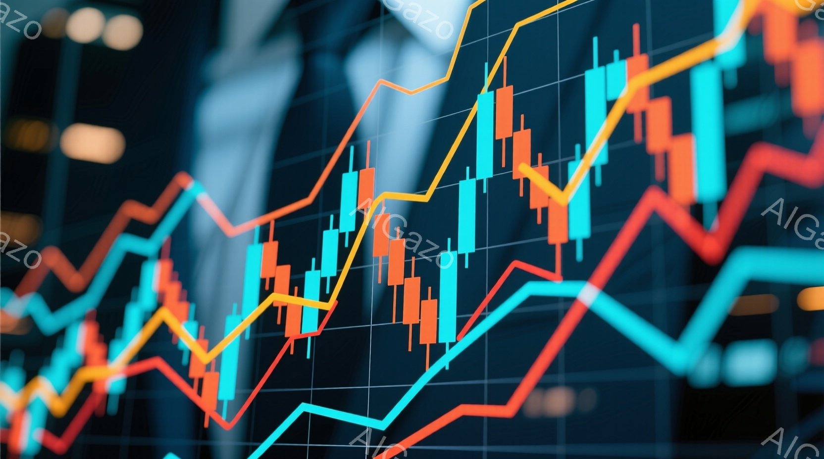 この画像は、金融市場のチャートが重なり合い、上昇と下降を示す鮮やかな線で構成されています。背景にはぼやけた都市のスカイラインが見え、夜間の賑やかな雰囲気を暗示しています。全体的に、経済活動のダイナミズ - AI生成フリー素材