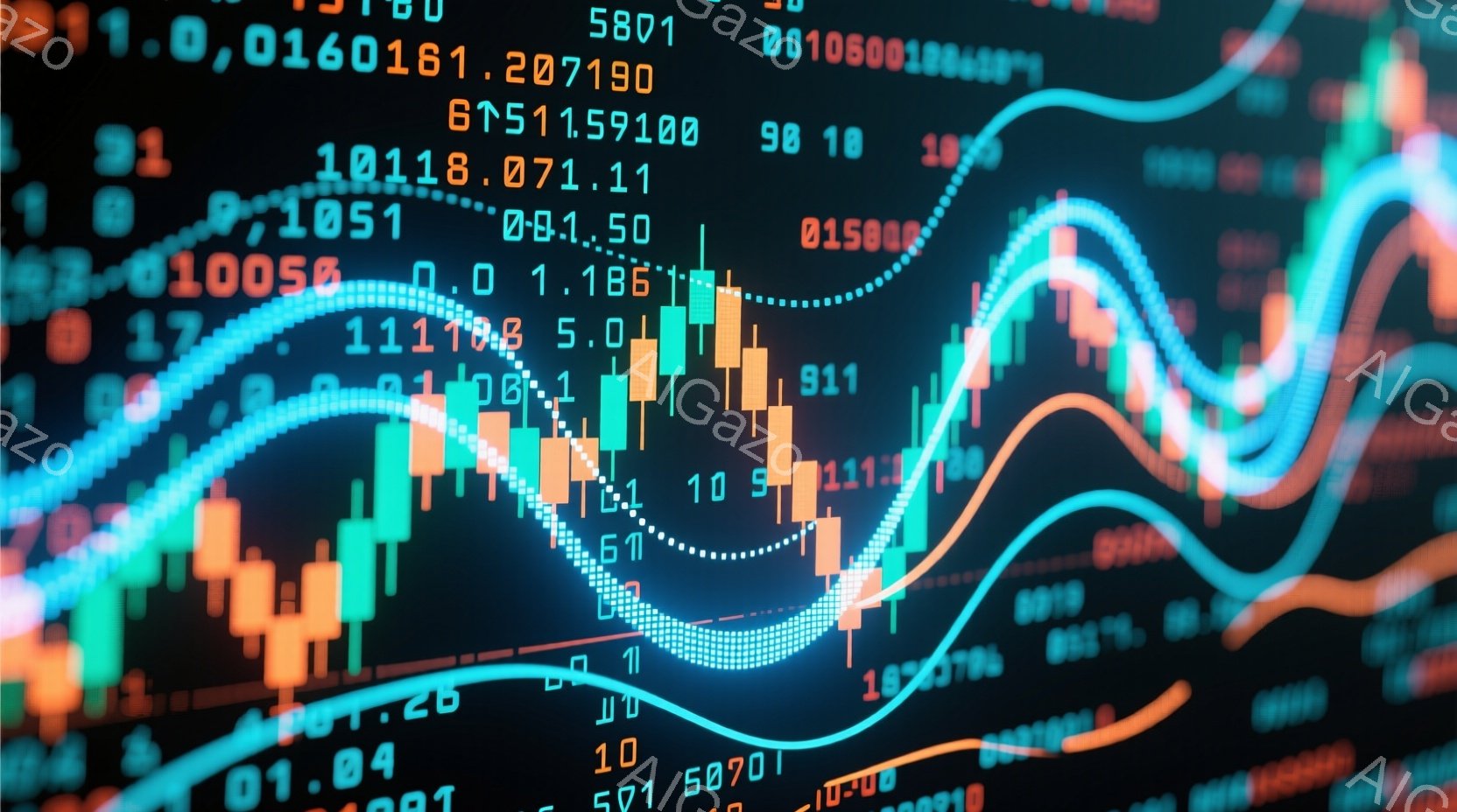 この画像は、鮮やかな緑、オレンジ、青の線と棒グラフが密集して描かれた金融チャートのようなものです。数字が背景にデジタル的に散りばめられ、複雑な市場データの視覚的表現を強調しています。全体的に、これは活気に満ちた、ダイナミックな経済市場の雰囲気を示唆する抽象的な表現です。