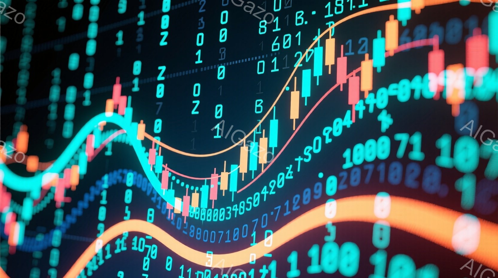 鮮やかな緑色の線が上昇傾向を描き、背景には数字とバーチャートが密集して配置されています。チャートは赤と緑の色で構成され、金融市場の変動やデータ分析を想起させる視覚的な表現です。全体的に、現代的でテクノ - AI生成フリー素材