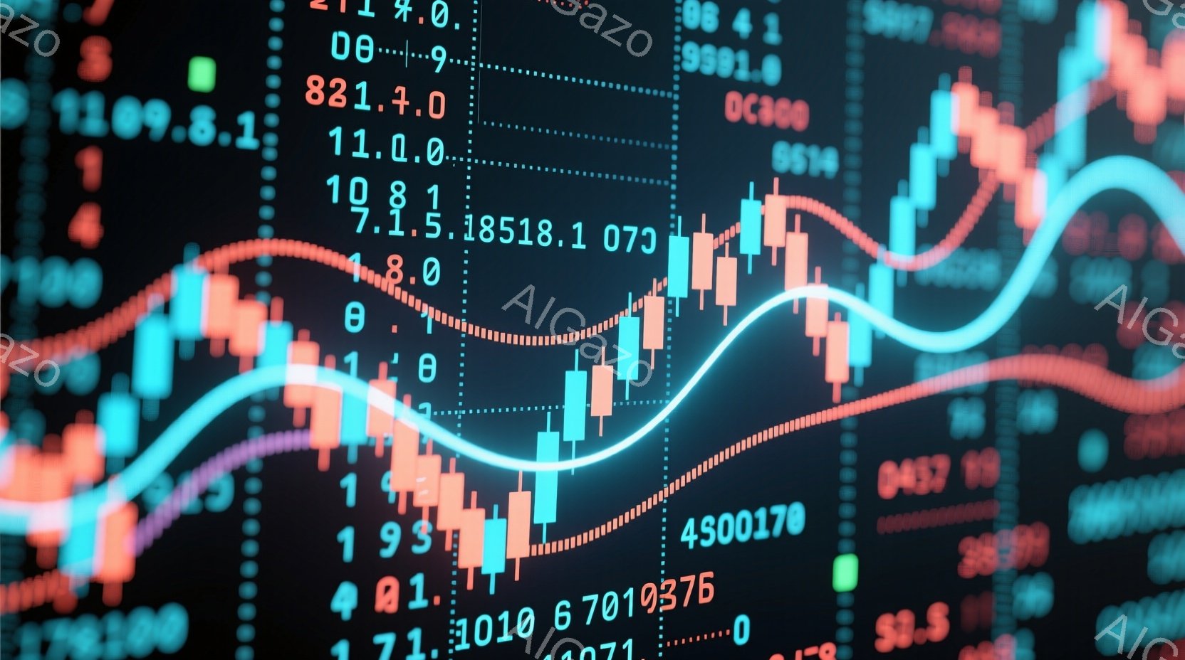 この画像は、金融市場のチャートを表しています。赤と緑のローソク足のパターンが複雑に絡み合い、オレンジ色の曲線と青色の曲線がそれらを横切って上昇と下降を示しています。背景は数字と記号で埋め尽くされ、全体 - AI生成フリー素材