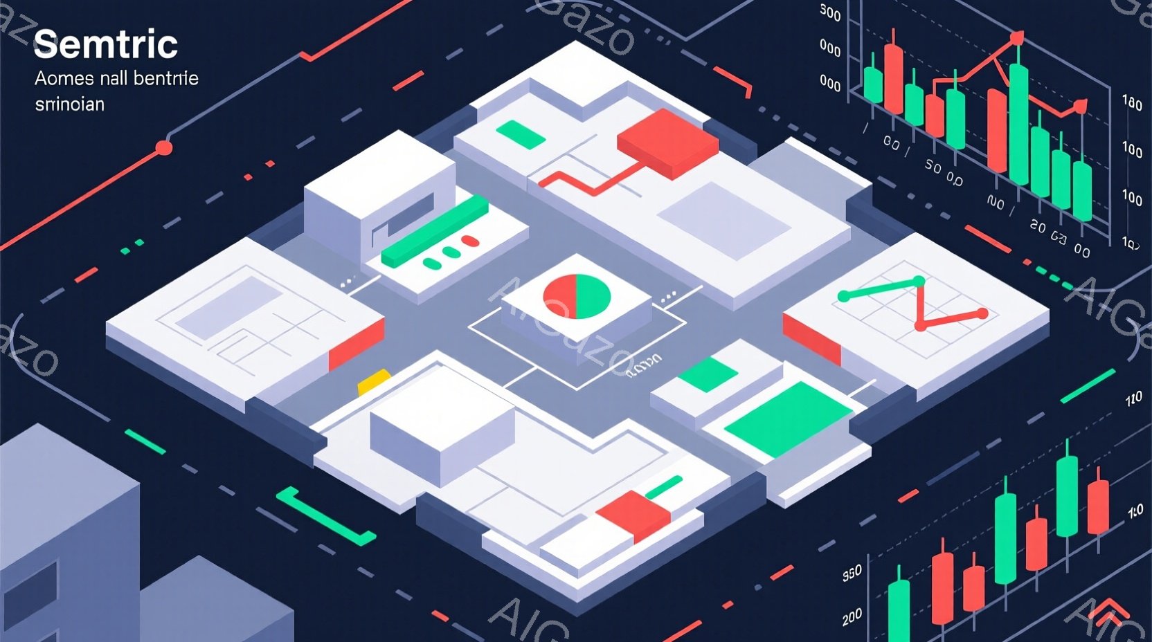この画像は、未来的な都市景観の3Dイラストです。幾何学的な形の建物が配置され、緑、赤、青などの鮮やかな色彩が使われています。背景には、株価チャートのような線グラフが描かれ、全体的にテクノロジーと金融をテーマにしたデザインとなっています。