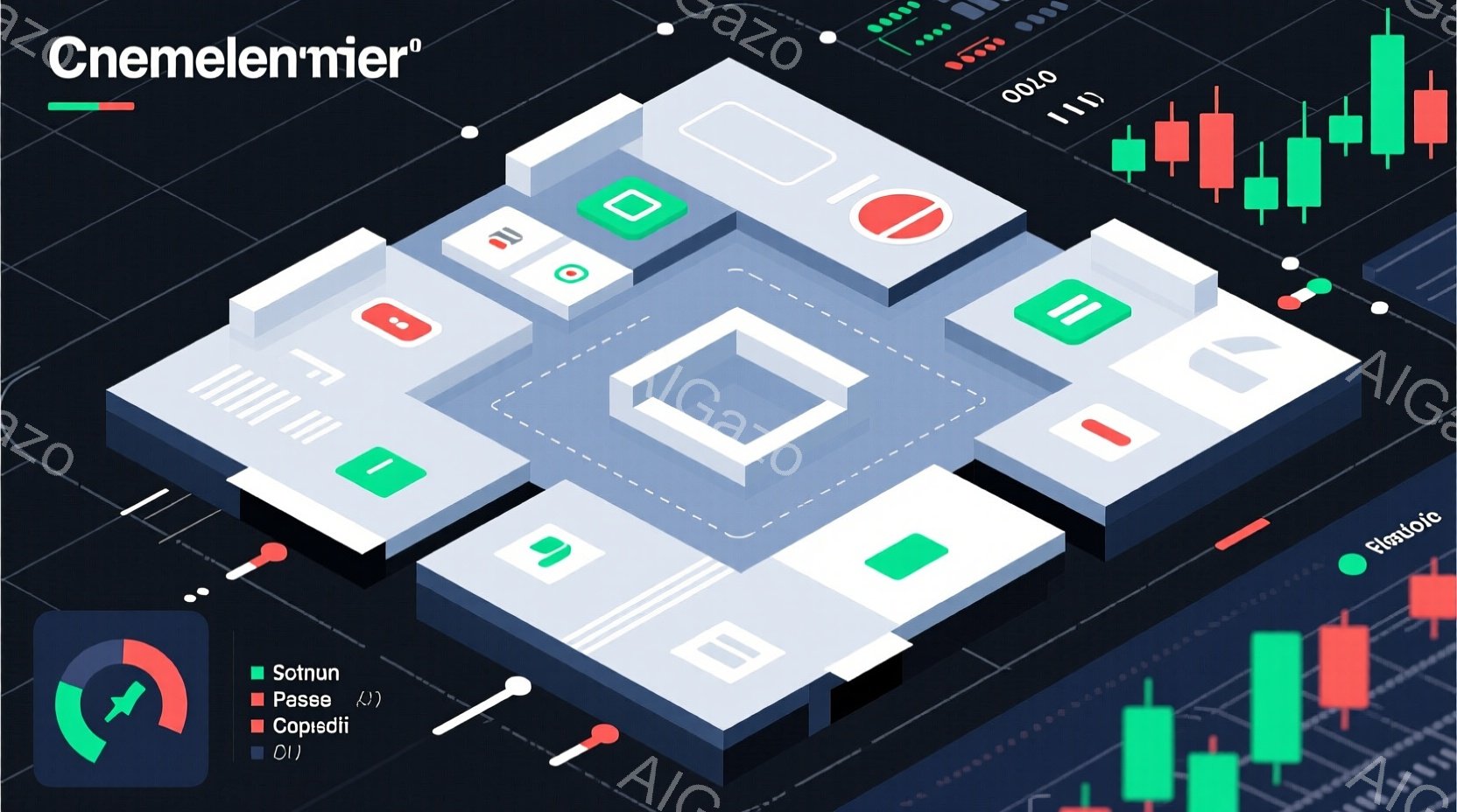 この画像は、抽象的な立体的な構成で、様々な色のブロックが積み重なって構成されています。右側には、緑と赤の棒グラフが並び、金融チャートのような印象を与えます。全体的にモダンでミニマルなデザインで、テクノロジーや金融に関連するビジュアルを連想させます。