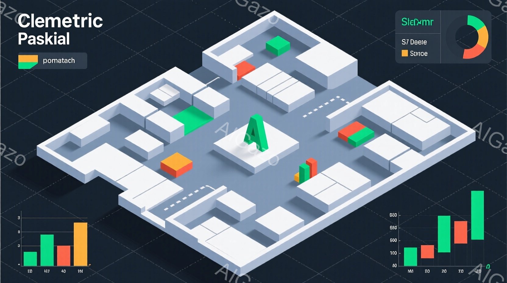抽象的な未来都市の風景が広がっており、様々な高さの立方体状の建物が整然と並んでいます。鮮やかなオレンジ、緑、薄紫色の建物が、グレーのプラットフォーム上に配置され、未来的で幾何学的な雰囲気を醸し出しています。背景にはグラフが表示されており、データ視覚化と都市景観が組み合わさった、洗練されたデザインです。
