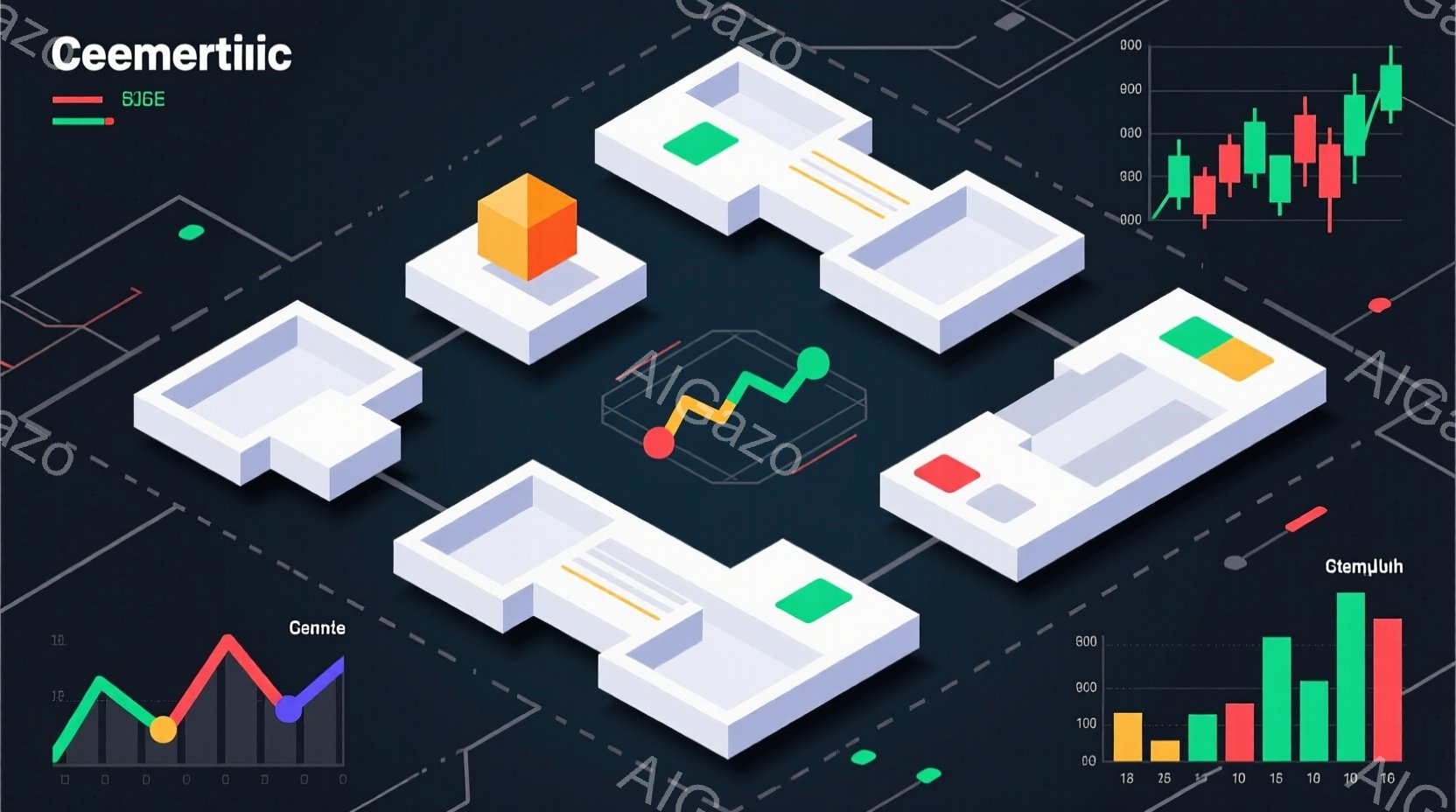 抽象的な3Dレンダリングで、様々なサイズの白い立方体が不規則な配置で並んでいます。いくつかの立方体には、赤または緑の小さな立方体が上に乗っており、背景にはグラフが配置されています。全体的に、未来的な都市景観を模した、データや分析を視覚的に表現したイメージです。