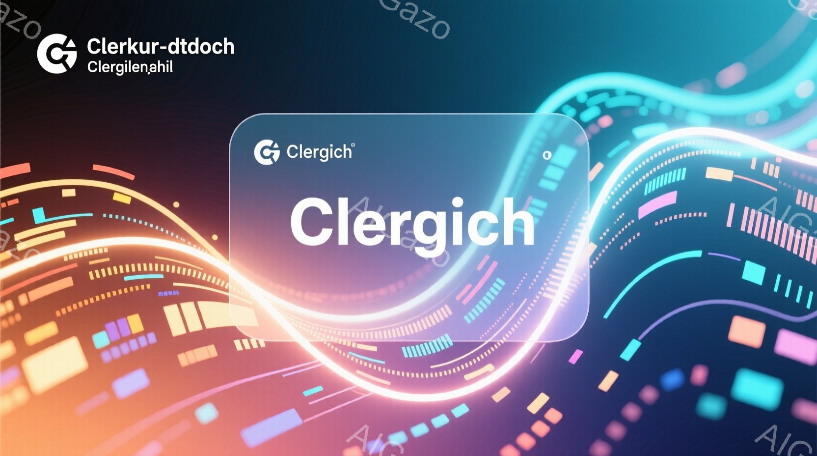 この画像は、明るい背景に抽象的な色の帯が波打つように配置されたグラフィックです。中央には白いアウトラインの四角形があり、中に「Clergich」という文字が書かれています。全体的にモダンで、テクノロジーやデザインに関連する鮮やかな印象を与えるビジュアルです。