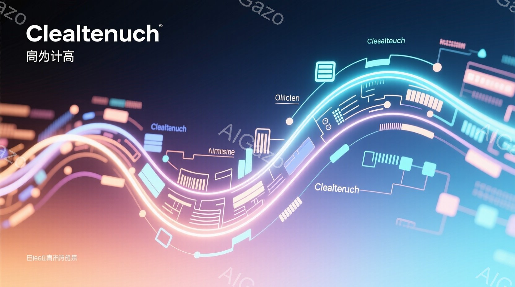 抽象的な背景に、流れるような光の線と幾何学的な図形が重なり合って構成されています。光の線は、青、紫、ピンクの色合いで、未来的な印象を与えています。全体的に、テクノロジー、エネルギー、革新的な雰囲気を感 - AI生成フリー素材