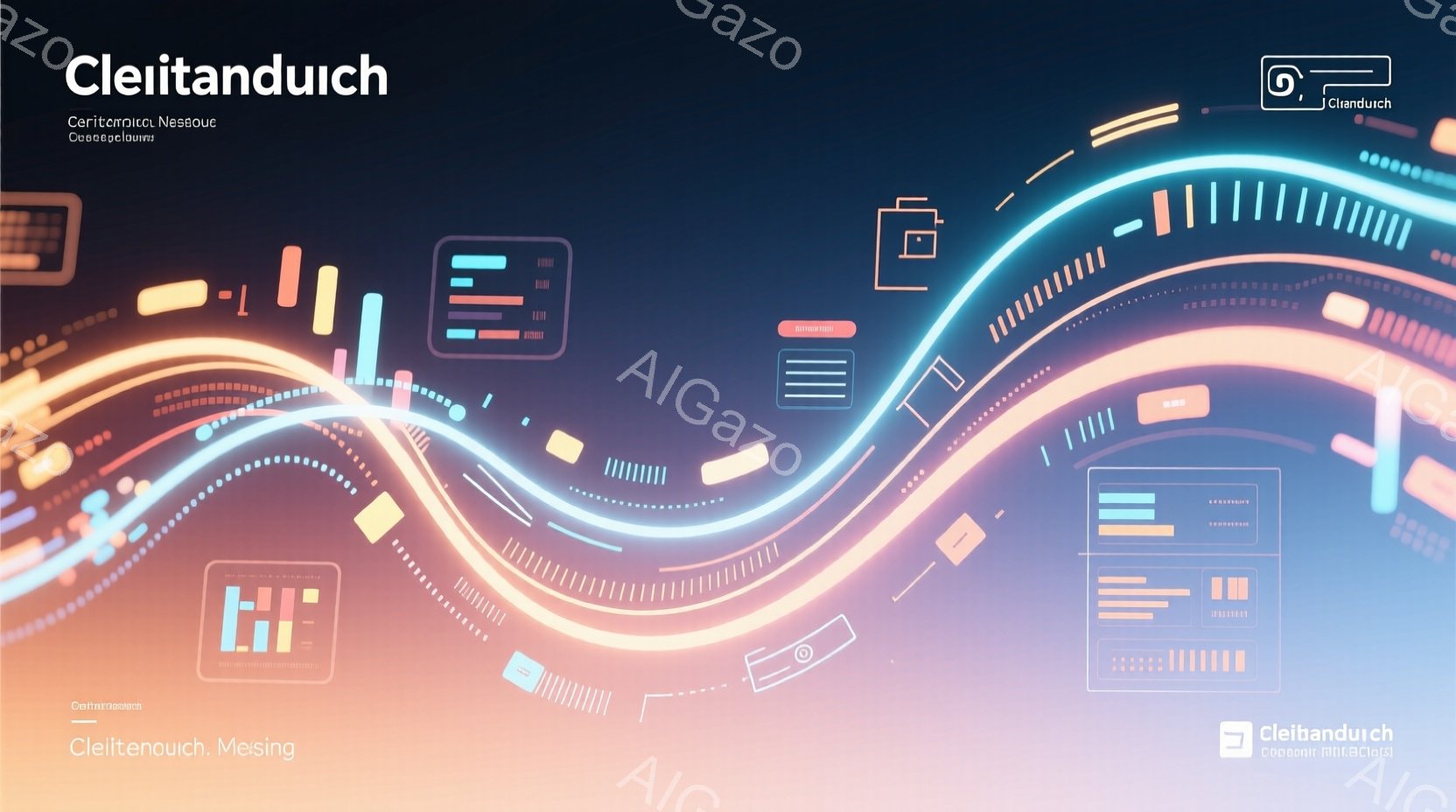 鮮やかな青とオレンジの光の線が、未来的な道路を思わせる背景を形作っています。光の線は曲線を描き、その上に小さな四角形のアイコンが散りばめられています。全体的に、先進的でエネルギッシュな雰囲気が漂い、テクノロジーとスピード感を表現しているように見えます。