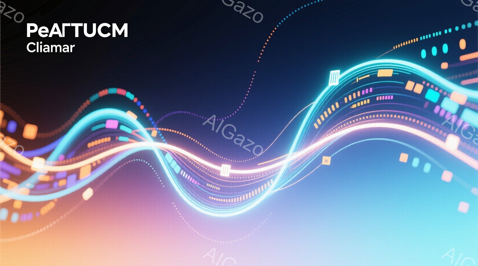 鮮やかなネオンカラーの光の線が、複雑に絡み合いながら流れるような抽象的な表現が印象的です。光の線は、白、オレンジ、紫、青などの色合いを持ち、まるでエネルギーの流れやデジタルデータの可視化を連想させます - AI生成フリー素材