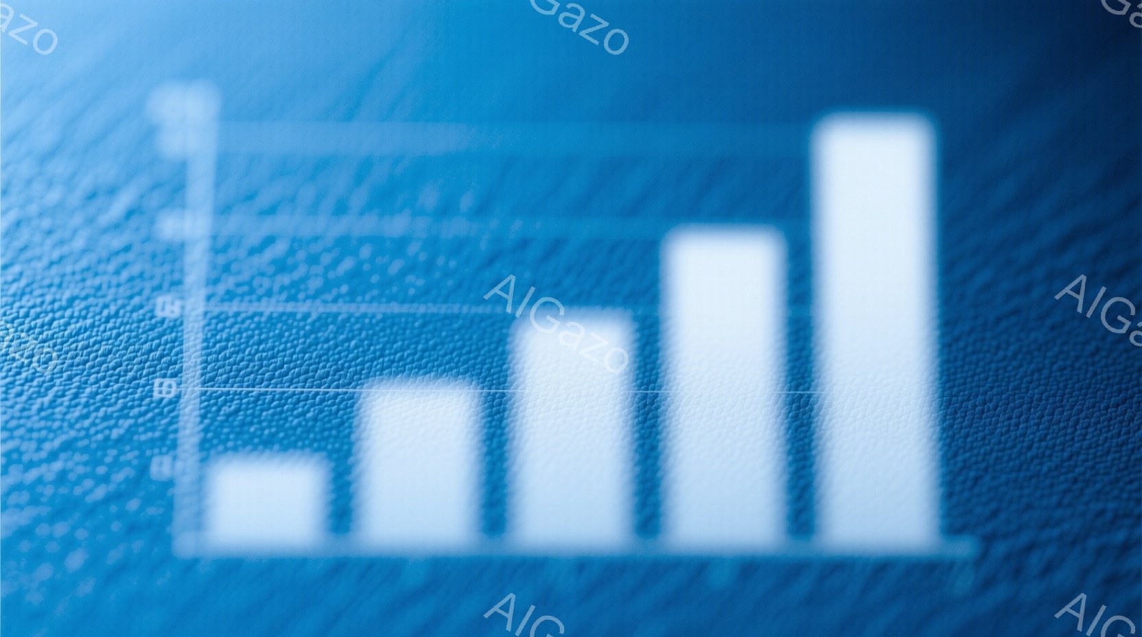 鮮やかな青色の背景に、白い棒グラフが描かれています。棒の高さは左から順に低く、徐々に高くなっており、成長や増加を視覚的に表現しているようです。背景はテクスチャがあり、革製品のような質感が見られます。 - AI生成フリー素材