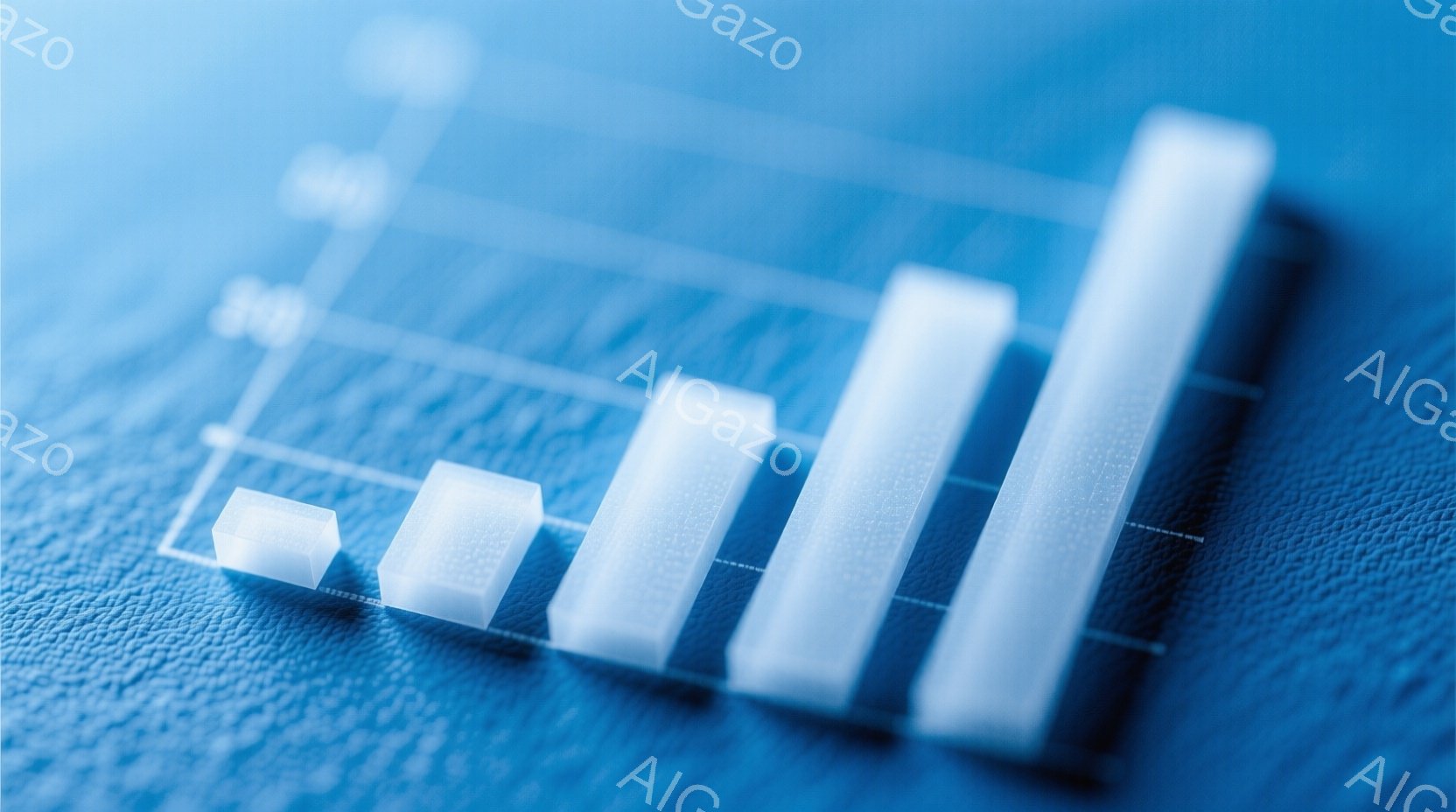 この画像は、青い背景に白い棒グラフが並んでいる様子を捉えています。グラフは左から右へ徐々に高くなり、成長や増加の傾向を示唆しています。背景には、グラフの目盛りが薄く描かれており、全体的に洗練されたビジネスシーンを想起させる印象です。