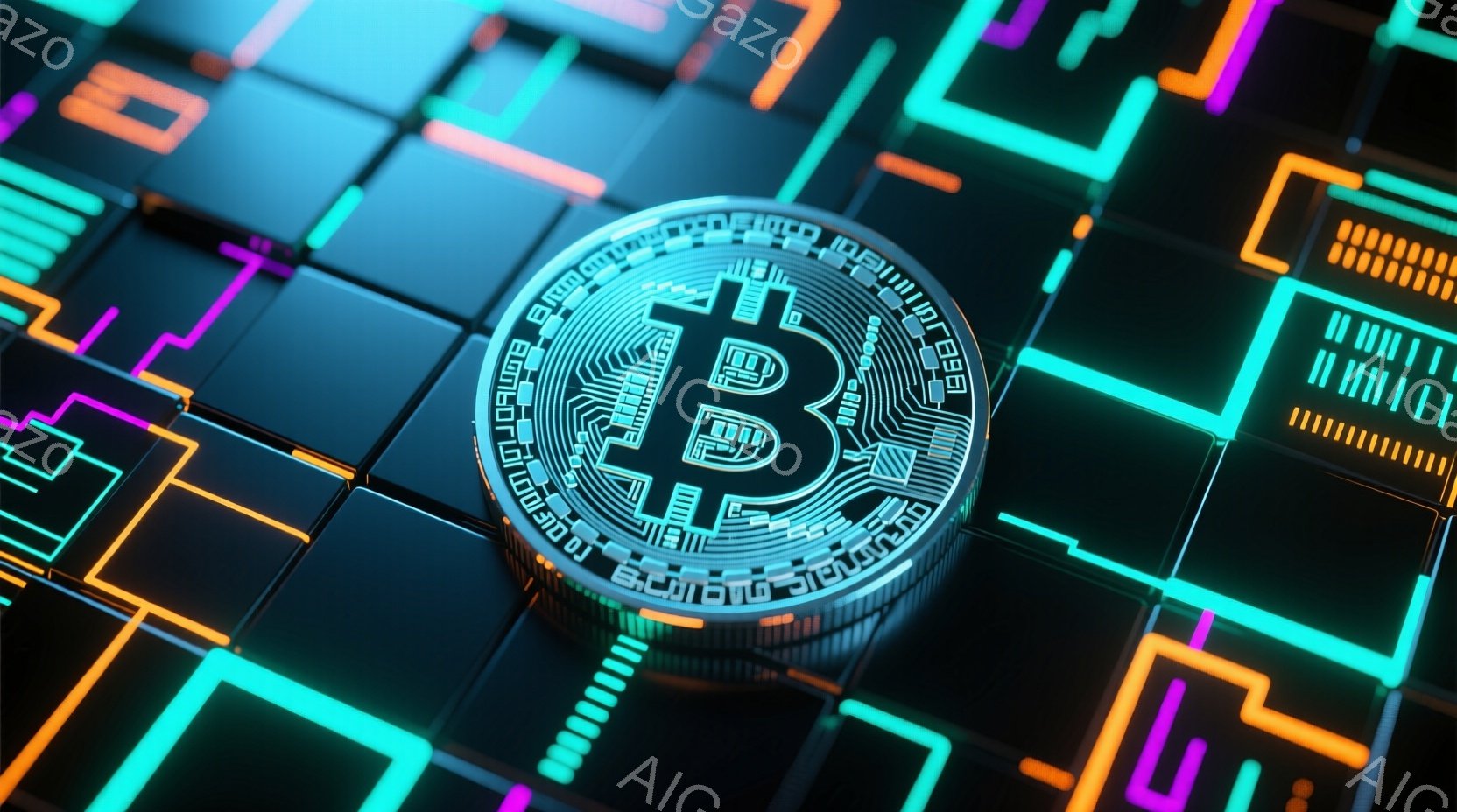 鮮やかなネオンカラーの幾何学模様が描かれた背景の上に、ビットコインのシンボルが浮かび上がっています。コインは金属的な質感で、複雑な回路パターンが刻まれており、未来的でテクノロジーを感じさせる雰囲気を醸 - AI生成フリー素材