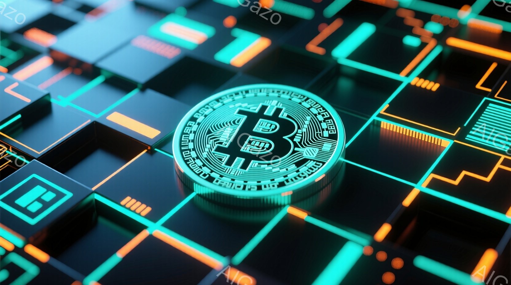 画像は暗い背景に、複雑な回路パターンが描かれたデジタルな風景を捉えています。中央には、ビットコインのシンボルが光り輝くコインとして配置され、その周囲には緑とオレンジのネオンライトのような線が回路を構成 - AI生成フリー素材