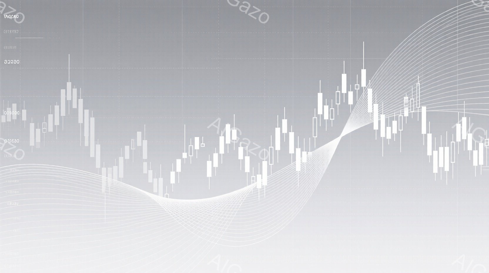 この画像は、株式市場のチャートと、そこから伸びる滑らかな曲線状の光の線で構成されています。チャートは白と黒の細長い四角形（ローソク足）で表され、市場の価格変動を示唆しています。光の線はチャートの動きに呼応するように流れるように配置され、全体的に未来的な印象を与えます。