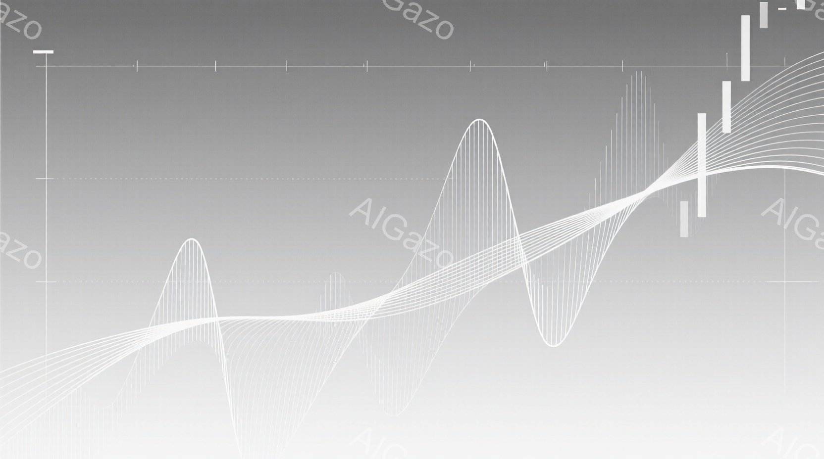 この画像は、白く曲線的な線が多数重なり合い、まるで波のような形状を形成している抽象的な表現です。これらの線は、左側から右側へ徐々に分散し、より細く、繊細な印象を与えています。背景は明るいグレーで、曲線が際立っており、全体として穏やかで、流れるような雰囲気を醸し出しています。