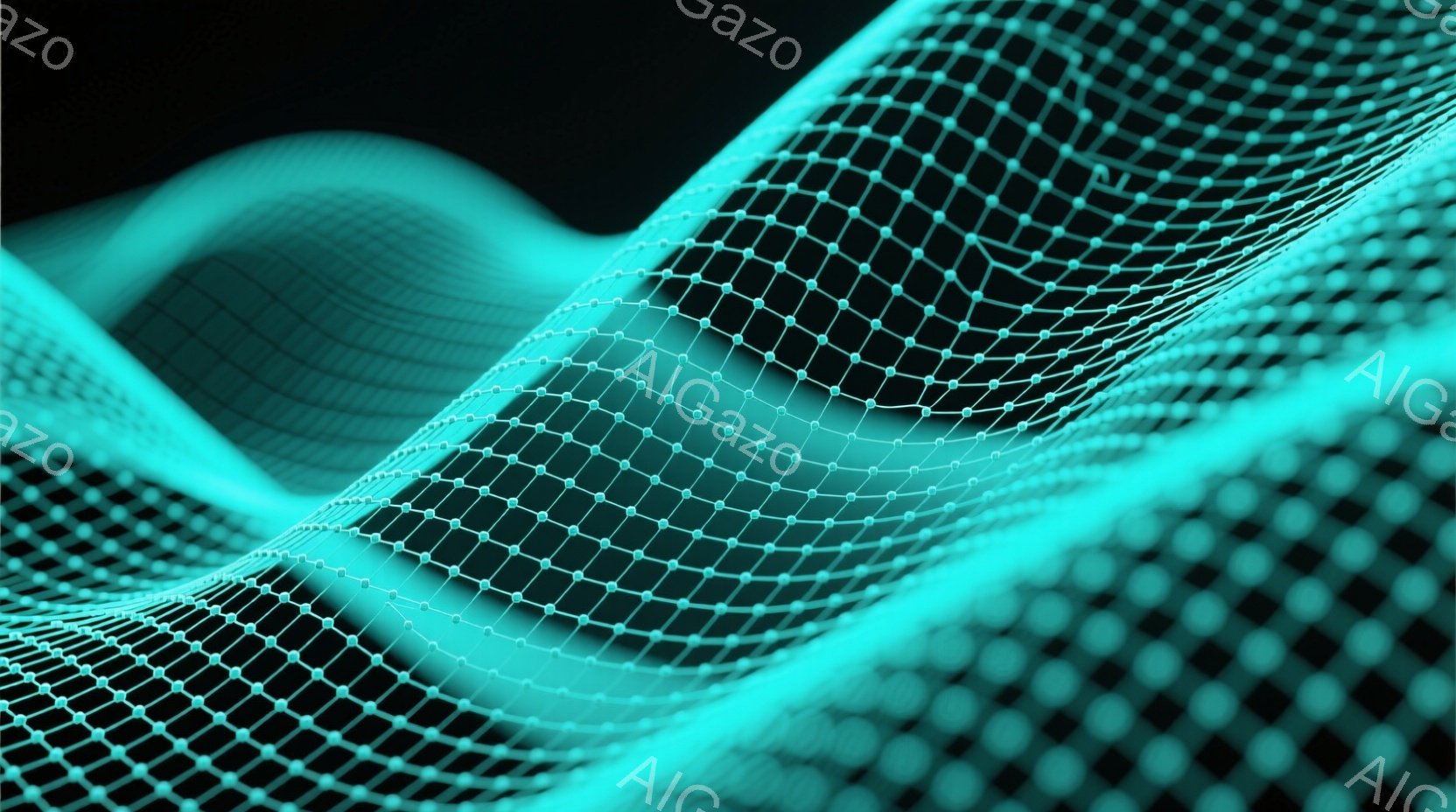 鮮やかなターコイズブルーのワイヤーフレームが、まるでエネルギーの流れのようにうねり、流動的な曲線を描いています。黒い背景とのコントラストが強調され、未来的なデジタルアートのような印象を与えます。ネットワークや接続性を象徴するような、抽象的で洗練されたイメージです。