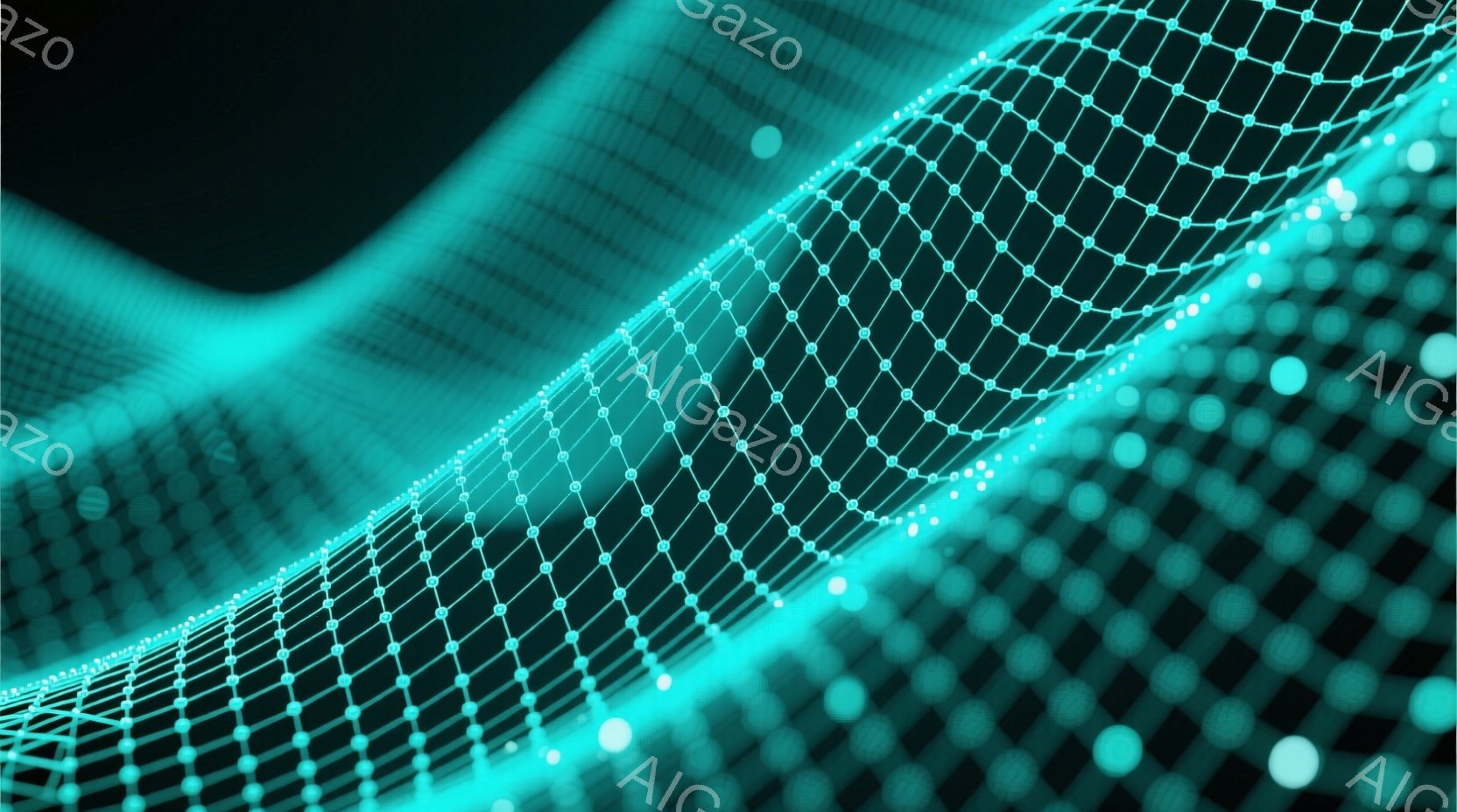 鮮やかなターコイズブルーの光の線が、複雑なネットワーク状のパターンを描き出している。光の線は波のようにうねり、まるでエネルギーの流れやデータストリームを視覚化したかのようだ。背景は暗く、光の線が際立ち - AI生成フリー素材