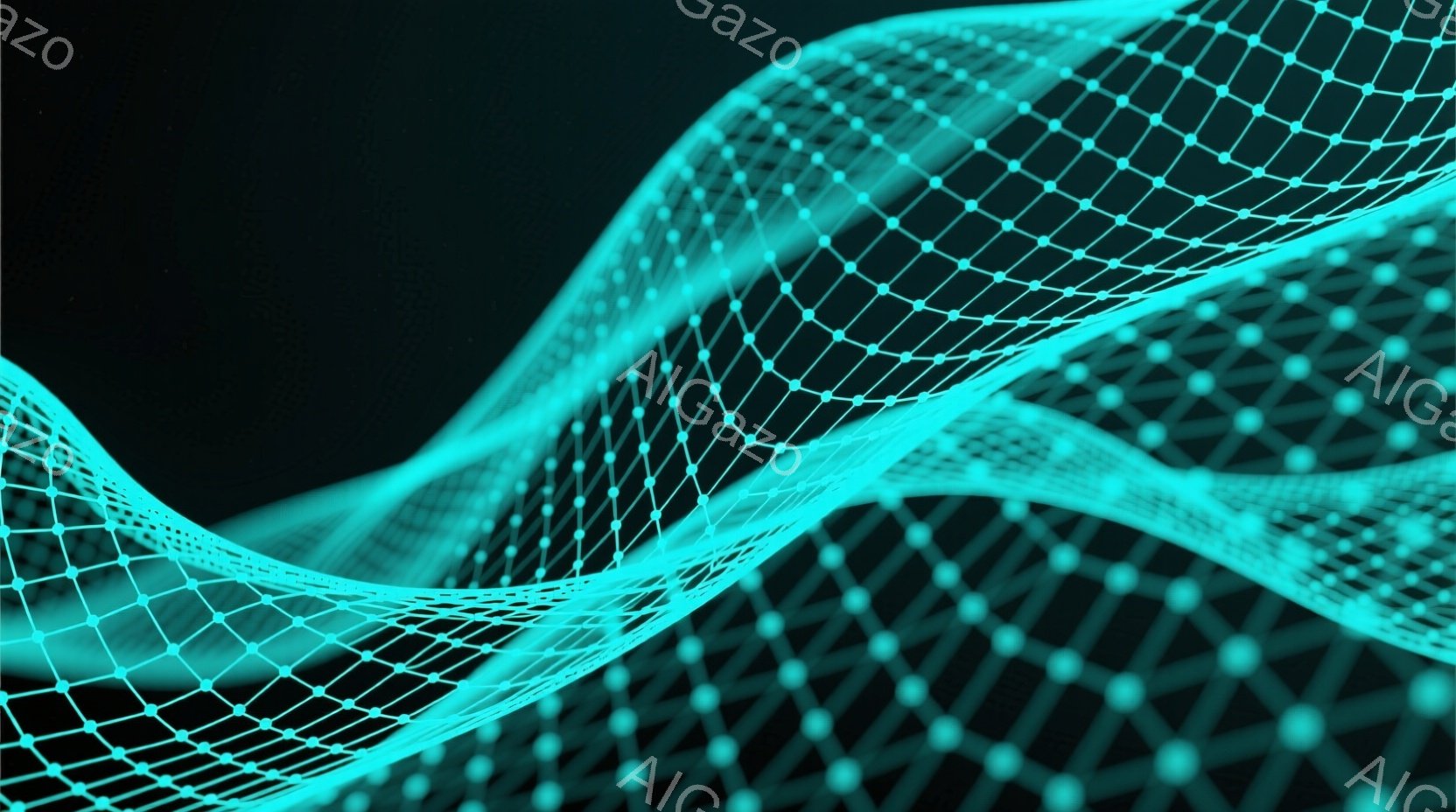 この画像は、明るいターコイズブルーの線で構成された、流れるような網目状の構造が特徴です。線は繋がって複雑なパターンを作り出し、暗い背景に浮かび上がっています。全体的に、未来的なテクノロジーやネットワー - AI生成フリー素材