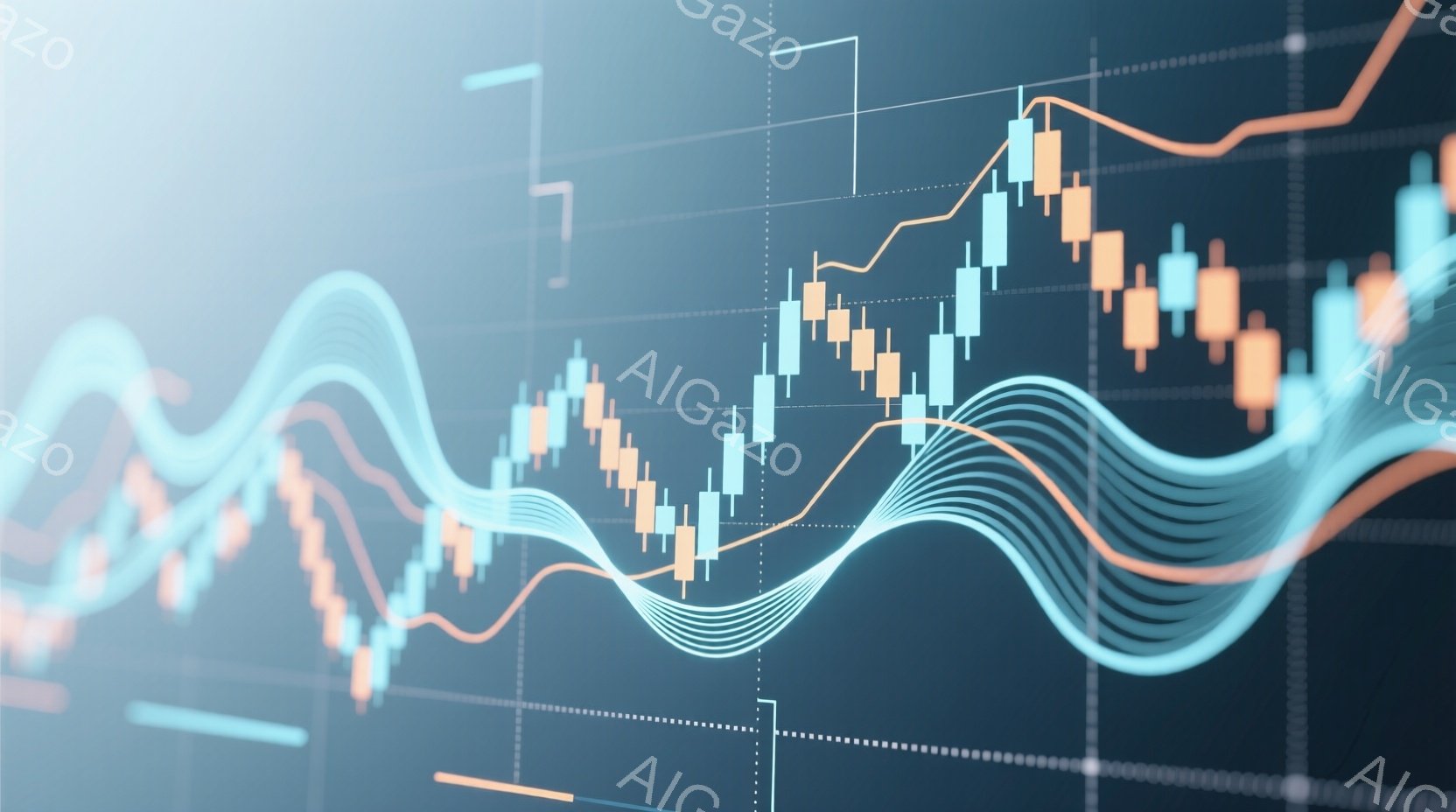 この画像は、複数の線グラフとローソク足チャートが重なり合った抽象的な金融市場の視覚化です。明るいオレンジ、青、水色の線が複雑に絡み合い、市場の変動とトレンドを示唆しています。全体的に、技術的な分析と投資のダイナミズムを表現した、未来的で洗練された雰囲気の画像です。