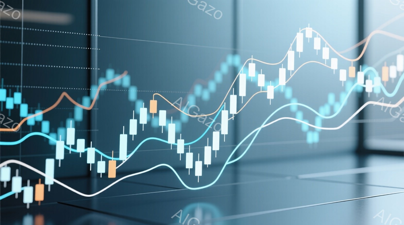 この画像は、金融市場のトレンドを示すキャンドルスティックチャートと折れ線グラフが重なり合った様子を捉えています。チャートは鮮やかなオレンジ、青、白で描かれており、光沢のある反射面の上に配置されています - AI生成フリー素材