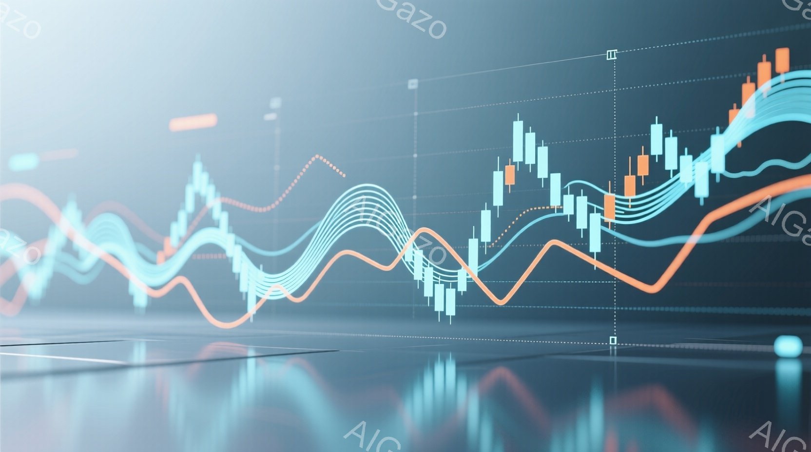 この画像は、金融市場のチャートを抽象的に表現したものです。オレンジと青色の線が複雑に絡み合い、背景にはキャンディルスティックチャートが並びます。床面は光沢があり、反射して未来的な雰囲気を醸し出していま - AI生成フリー素材