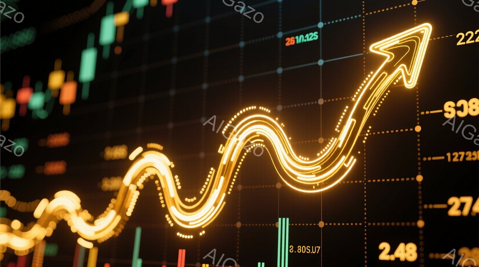 鮮やかな緑と赤のローソク足チャートが背景に広がり、その上に明るいオレンジ色の光跡がジグザグと上昇する線を描いています。光跡は勢いよく右肩上がりに進み、市場の成長やポジティブなトレンドを象徴しているように見えます。全体的にダイナミックで活気のある雰囲気で、金融市場や投資のイメージを喚起させます。