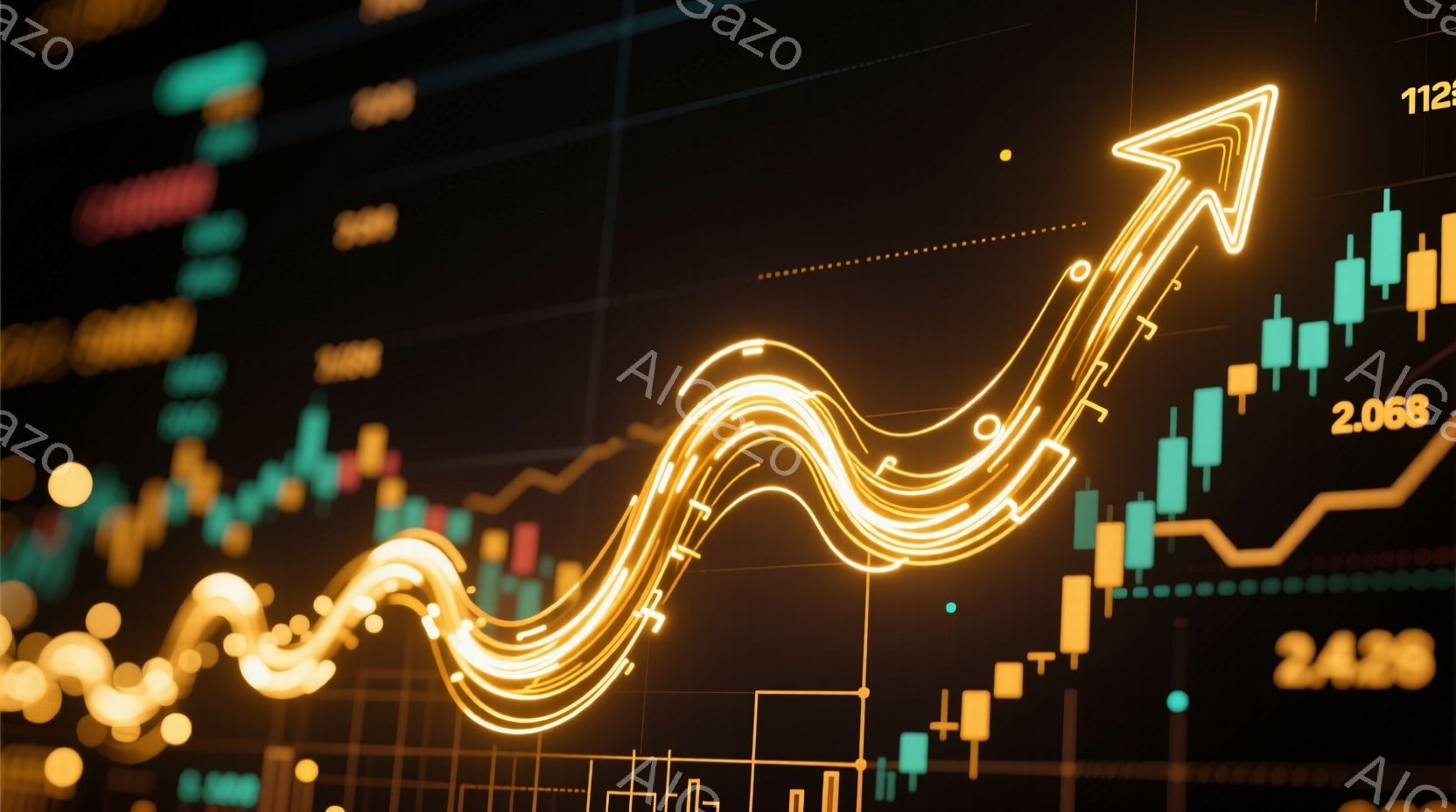 画像は、緑と赤のキャンドルスティックチャートの上に、明るい黄色の光の線が急上昇している様子を表しています。チャートは金融市場の価格変動を示唆しており、光の線は強気トレンドまたは成長の勢いを象徴していま - AI生成フリー素材