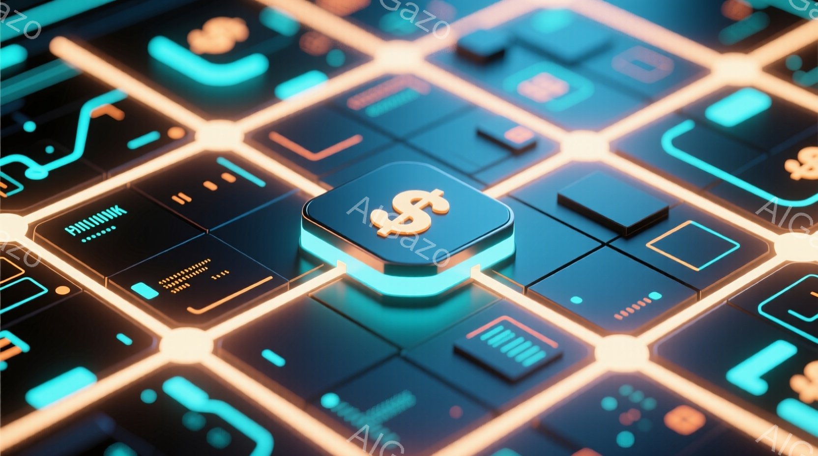 鮮やかなネオンカラーの電子回路のような背景が広がり、その中央にドル記号($)が描かれた光る立方体が配置されている。 立方体は青い光で縁取られており、周囲の回路と一体化し、未来的なテクノロジー感を演出し - AI生成フリー素材