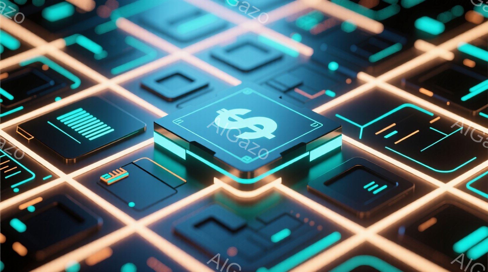 この画像は、未来的な回路基板のような背景に、ドル記号（$）が刻まれた青いチップが中心に配置されています。基板は蛍光色の緑とオレンジで縁取られており、高度な技術と金融の関連性を示唆しています。全体的に、鮮やかでサイバーパンクな雰囲気のデジタルアート作品です。