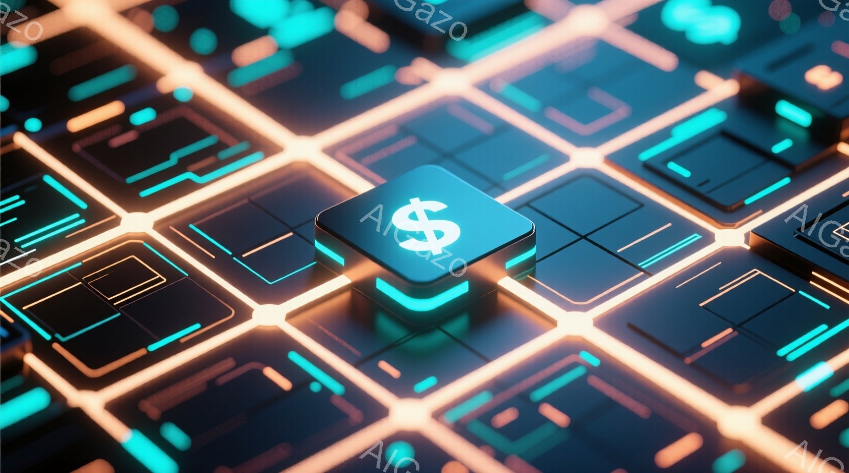 鮮やかなネオンカラーの光る線で構成されたサイバーパンク風のグリッド背景に、中心にドル記号($)が描かれた立方体が配置されています。 立方体はターコイズブルーで発光し、周囲のオレンジ色のグリッドとコントラストをなしています。 全体的に未来的な雰囲気で、デジタル通貨や金融テクノロジーを連想させるイメージです。