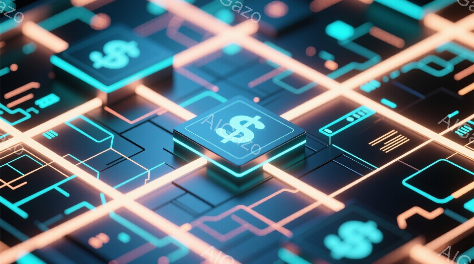 鮮やかなネオンカラーの回路が複雑に絡み合い、未来的な印象を与える画像です。その中心には、光を放つドル記号($)が配置されており、金融やテクノロジーを象徴しているように見えます。全体的に、サイバーパンクやデジタル世界の雰囲気を醸し出しています。