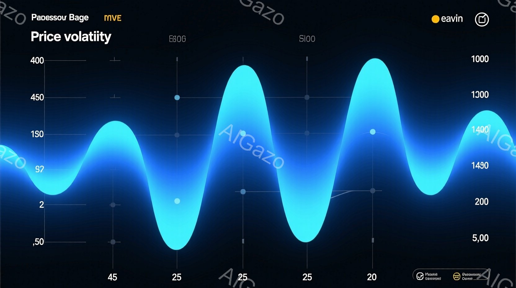 この画像は、青い線が波打つグラフであり、縦軸に数値（200から5000まで）、横軸に時間のような単位（20, 25, 45）が表示されています。グラフ上には複数の丸い点があり、線と交差しています。背景 - AI生成フリー素材